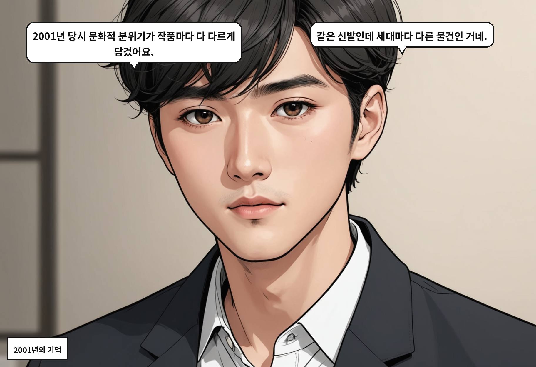 B: 2001년 당시 문화적 분위기가 작품마다 다 다르게 담겼어요. A: 같은 신발인데 세대마다 다른 물건인 거네.