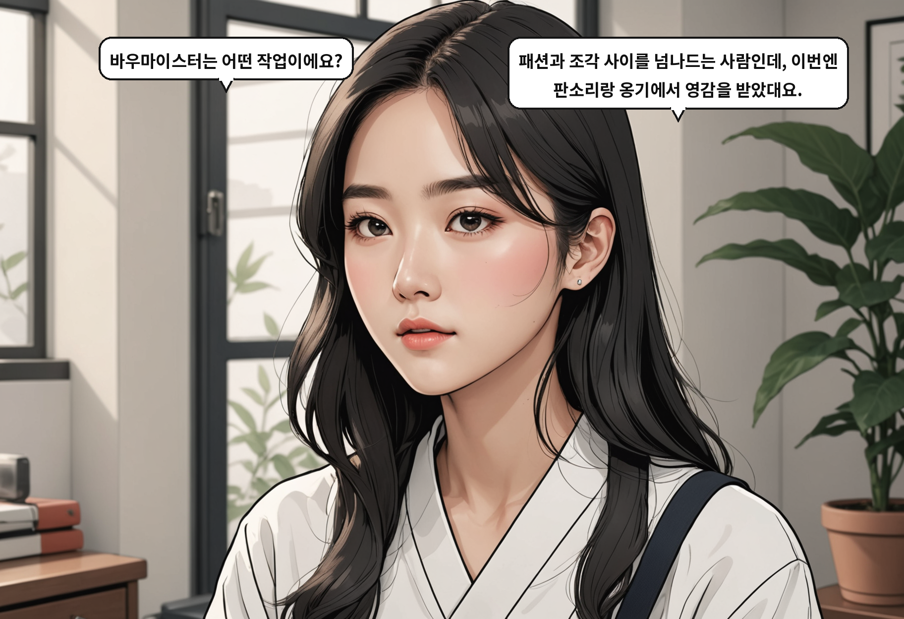 A: 바우마이스터는 어떤 작업이에요? B: 패션과 조각 사이를 넘나드는 사람인데, 이번엔 판소리랑 옹기에서 영감을 받았대요.