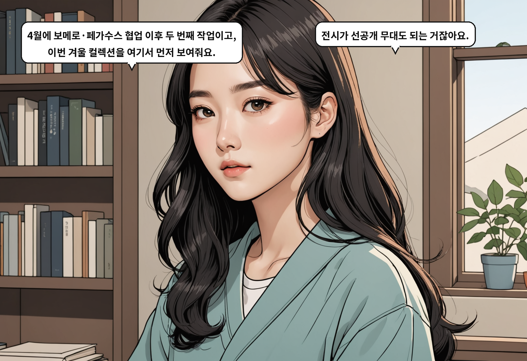 B: 4월에 보메로·페가수스 협업 이후 두 번째 작업이고, 이번 겨울 컬렉션을 여기서 먼저 보여줘요. A: 전시가 선공개 무대도 되는 거잖아요.