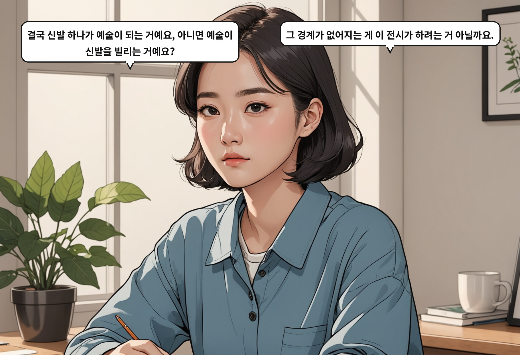 A: 결국 신발 하나가 예술이 되는 거예요, 아니면 예술이 신발을 빌리는 거예요? B: 그 경계가 없어지는 게 이 전시가 하려는 거 아닐까요.