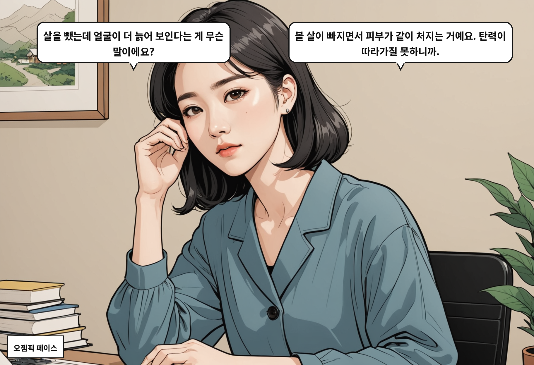 A: 살을 뺐는데 얼굴이 더 늙어 보인다는 게 무슨 말이에요? B: 볼 살이 빠지면서 피부가 같이 처지는 거예요. 탄력이 따라가질 못하니까.