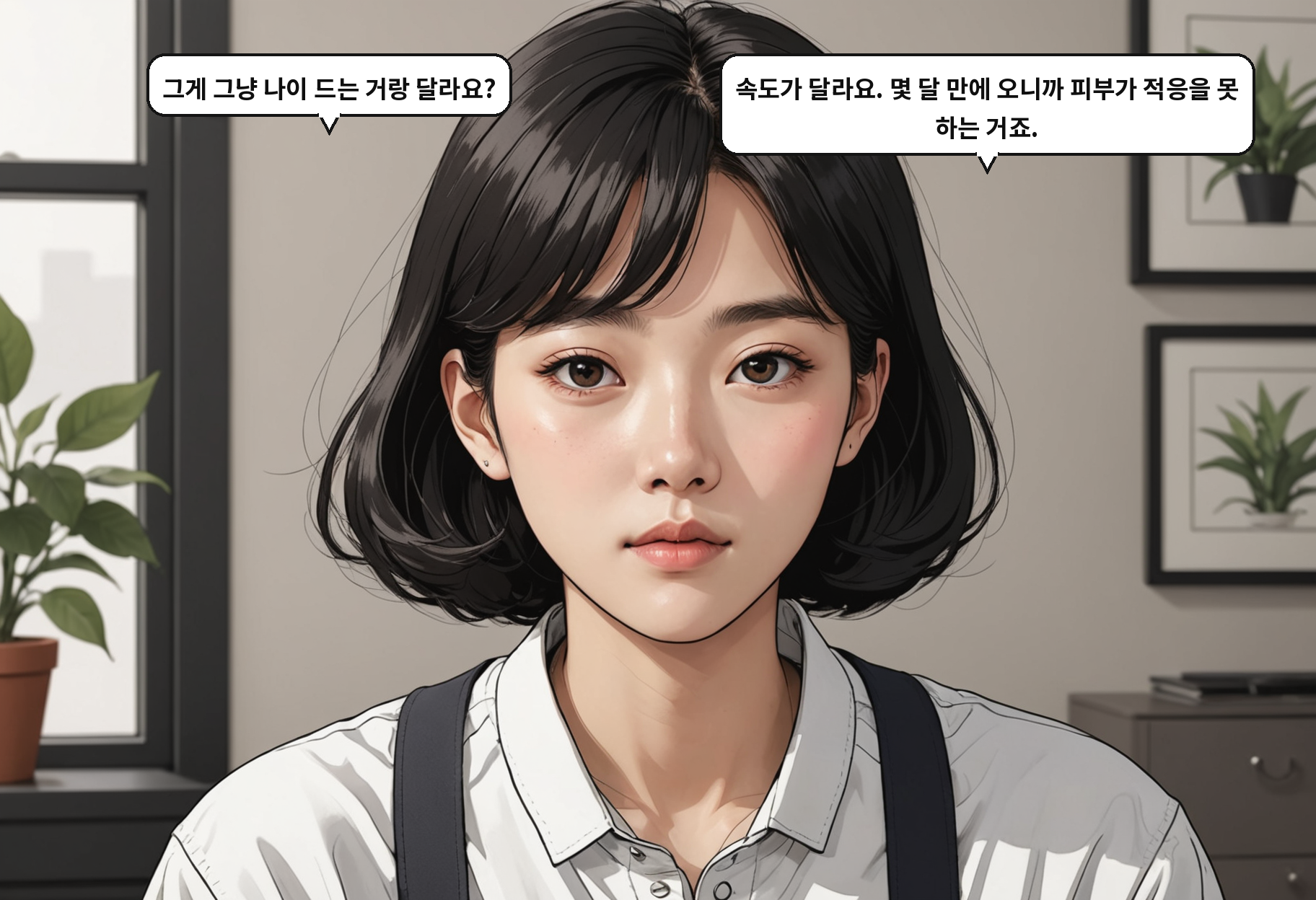 A: 그게 그냥 나이 드는 거랑 달라요? B: 속도가 달라요. 몇 달 만에 오니까 피부가 적응을 못 하는 거죠.