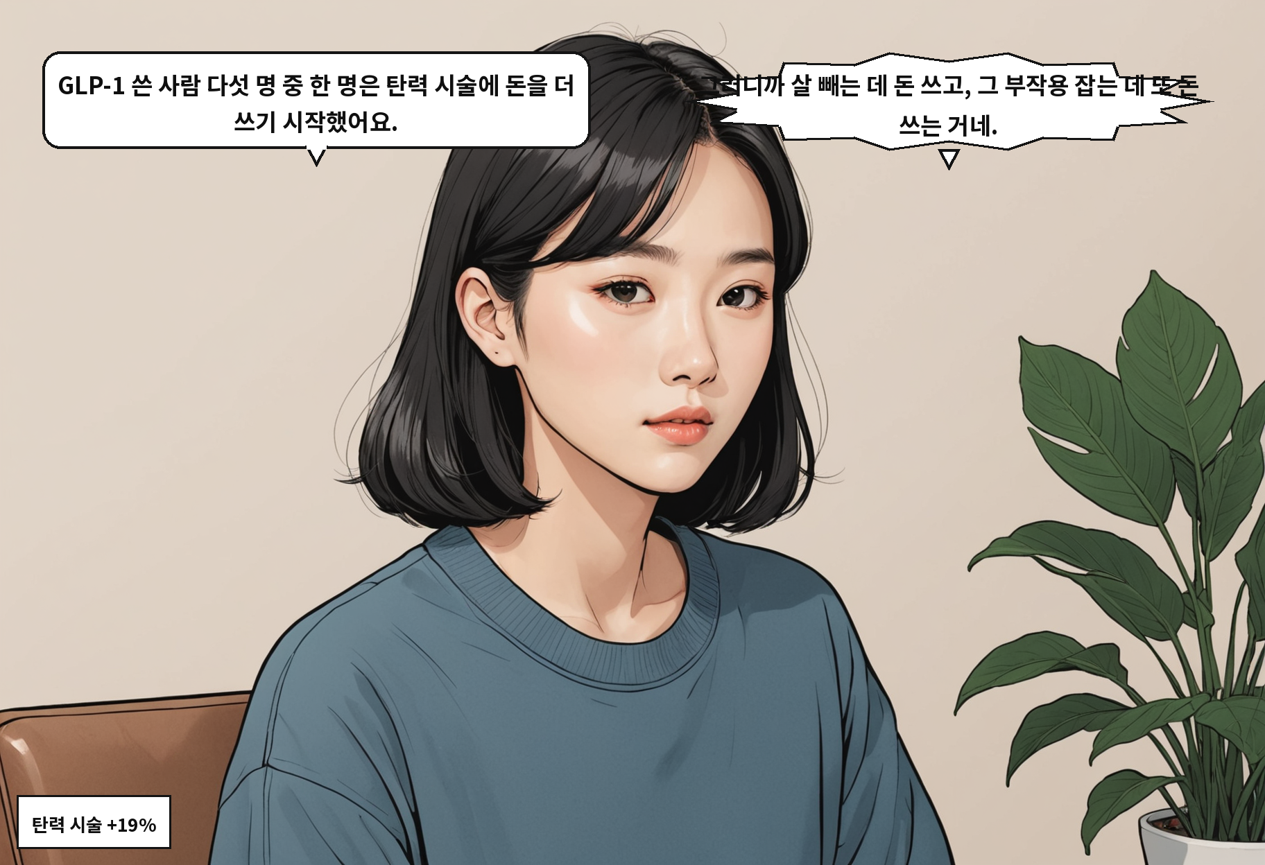 B: GLP-1 쓴 사람 다섯 명 중 한 명은 탄력 시술에 돈을 더 쓰기 시작했어요. A: 그러니까 살 빼는 데 돈 쓰고, 그 부작용 잡는 데 또 돈 쓰는 거네.