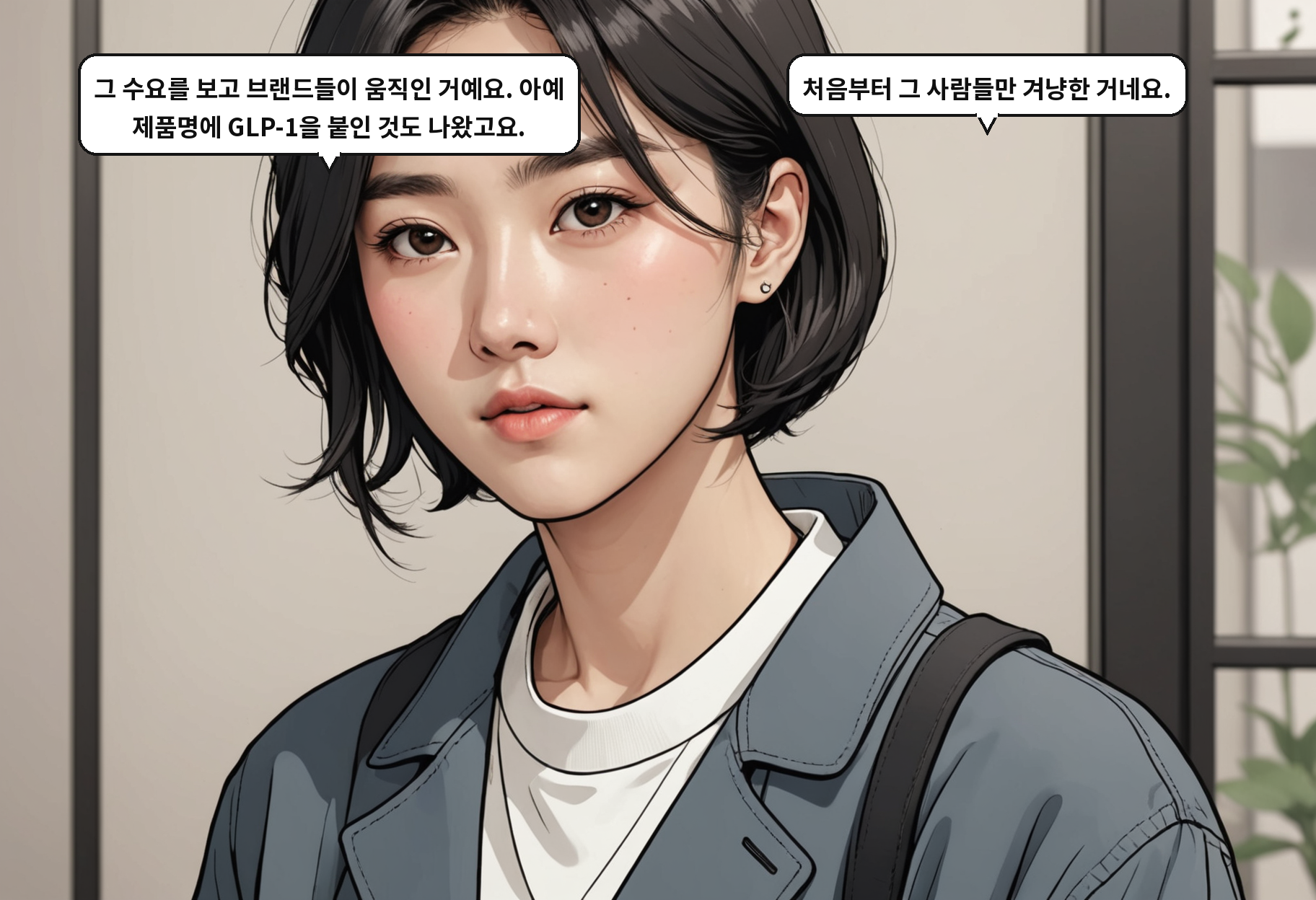 B: 그 수요를 보고 브랜드들이 움직인 거예요. 아예 제품명에 GLP-1을 붙인 것도 나왔고요. A: 처음부터 그 사람들만 겨냥한 거네요.