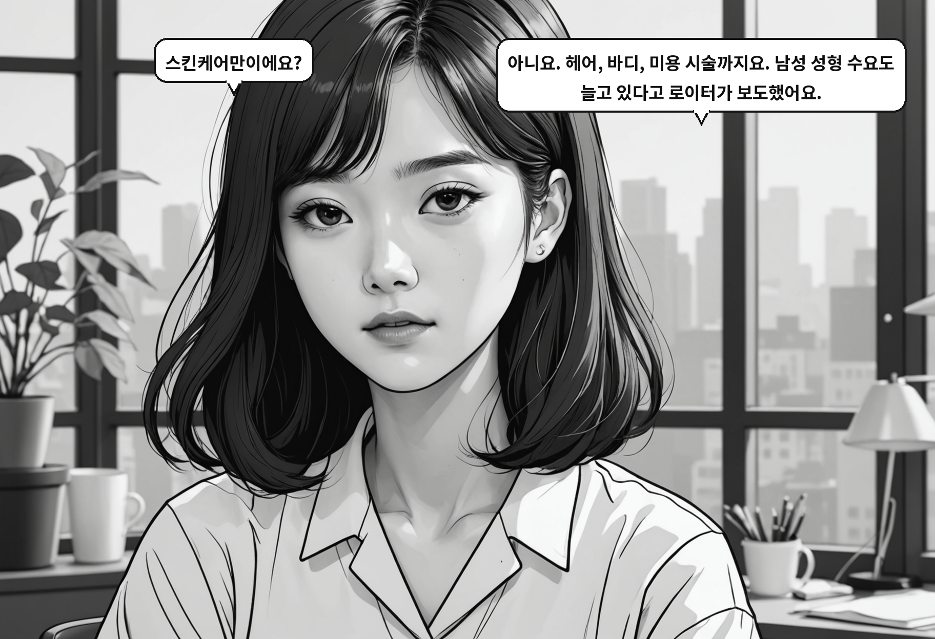 A: 스킨케어만이에요? B: 아니요. 헤어, 바디, 미용 시술까지요. 남성 성형 수요도 늘고 있다고 로이터가 보도했어요.