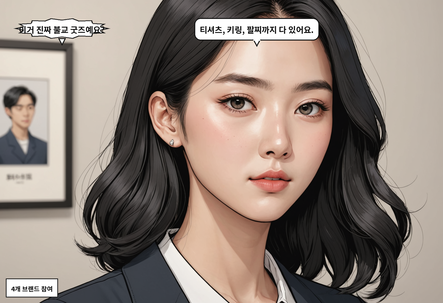 A: 이거 진짜 불교 굿즈예요? B: 티셔츠, 키링, 팔찌까지 다 있어요.