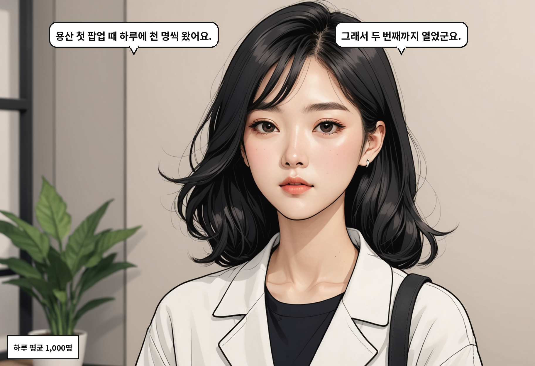 B: 용산 첫 팝업 때 하루에 천 명씩 왔어요. A: 그래서 두 번째까지 열었군요.