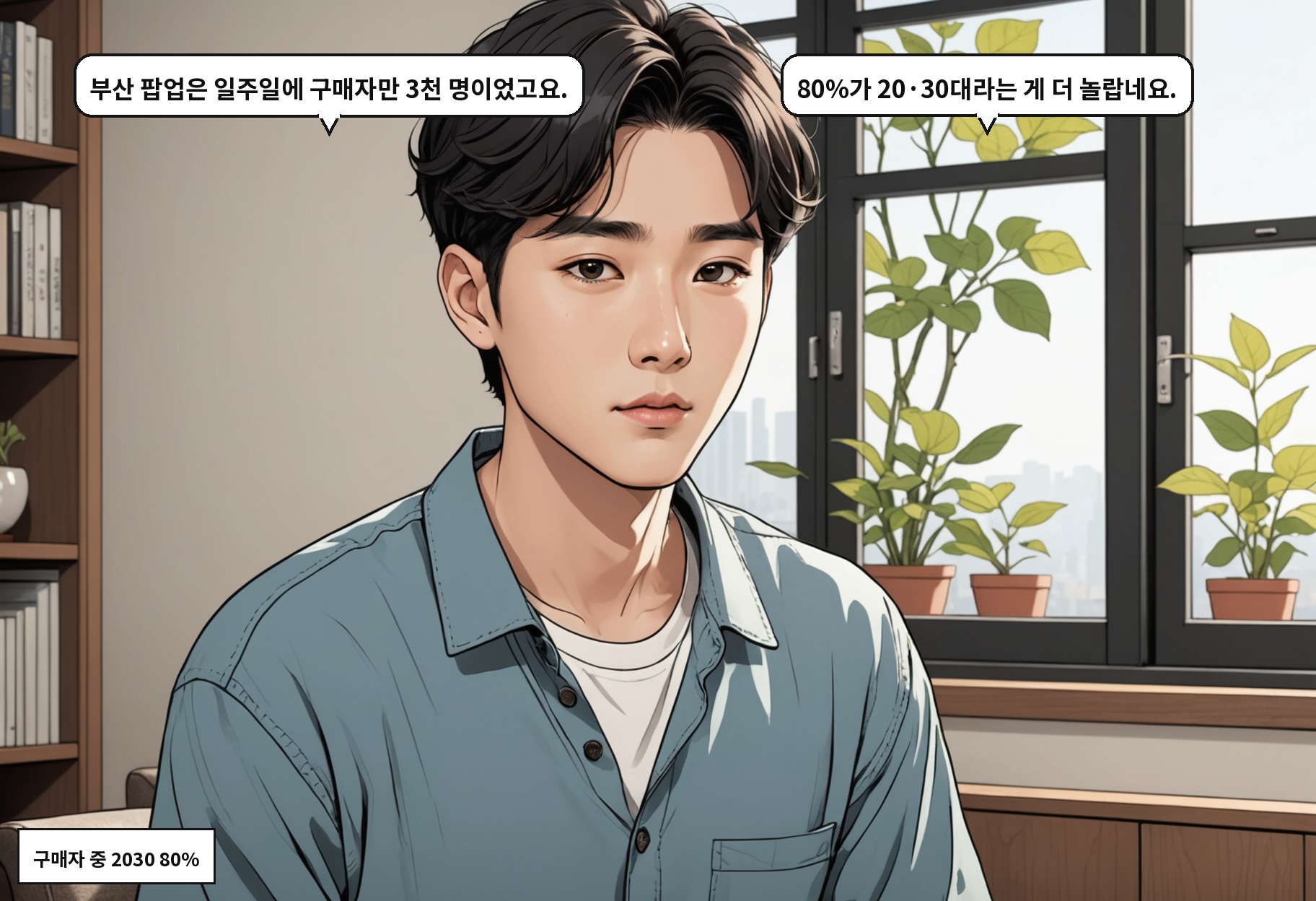 B: 부산 팝업은 일주일에 구매자만 3천 명이었고요. A: 80%가 20·30대라는 게 더 놀랍네요.