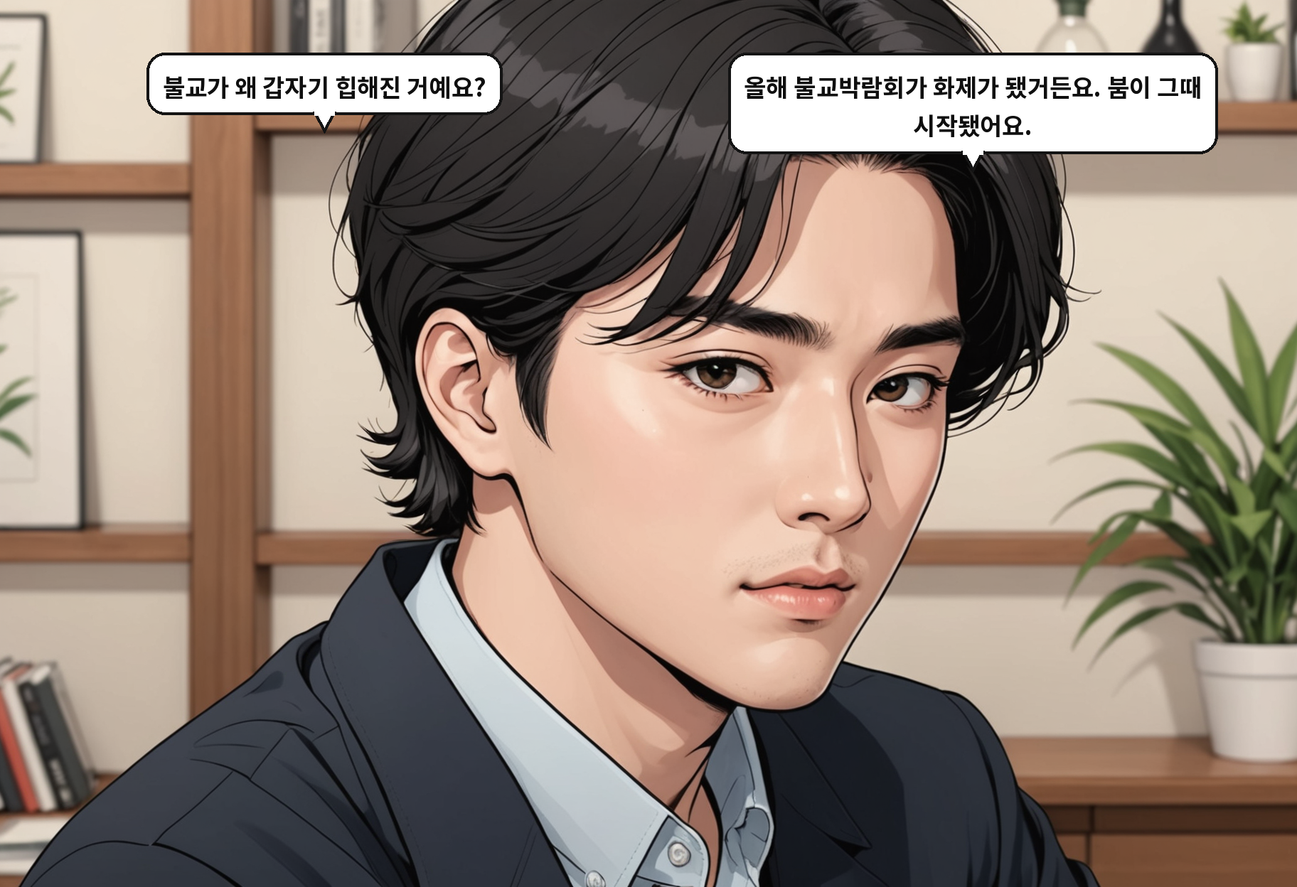 A: 불교가 왜 갑자기 힙해진 거예요? B: 올해 불교박람회가 화제가 됐거든요. 붐이 그때 시작됐어요.