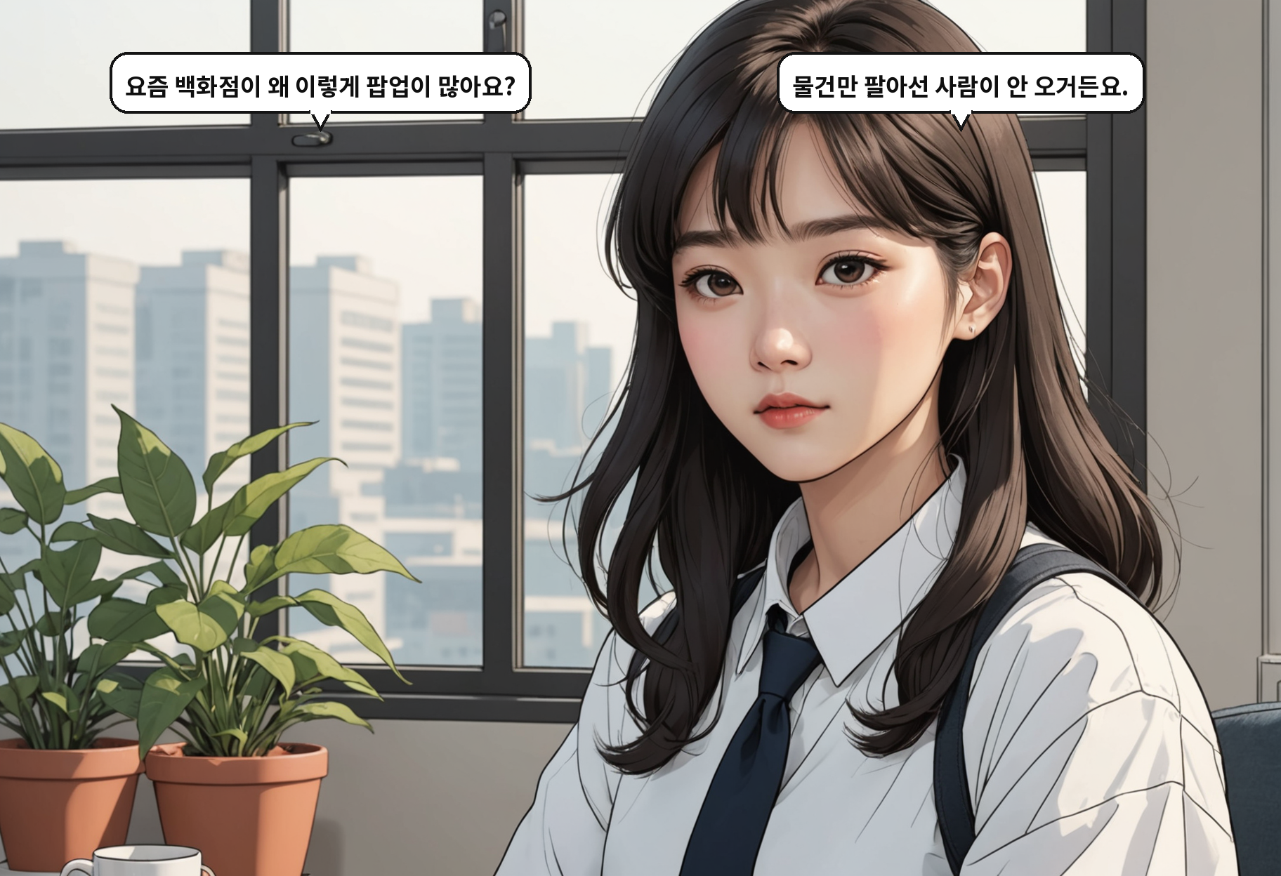 B: 요즘 백화점이 왜 이렇게 팝업이 많아요? A: 물건만 팔아선 사람이 안 오거든요.