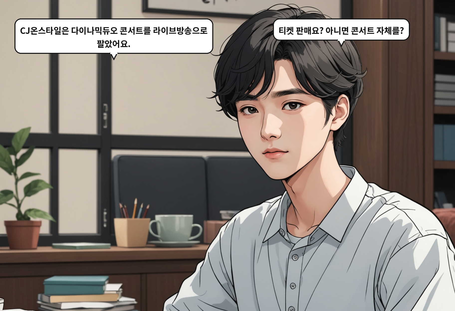 A: CJ온스타일은 다이나믹듀오 콘서트를 라이브방송으로 팔았어요. B: 티켓 판매요? 아니면 콘서트 자체를?