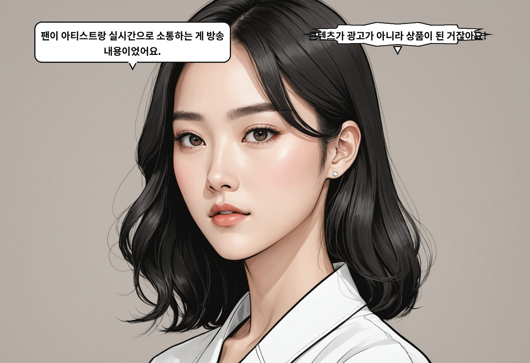 A: 팬이 아티스트랑 실시간으로 소통하는 게 방송 내용이었어요. B: 콘텐츠가 광고가 아니라 상품이 된 거잖아요!