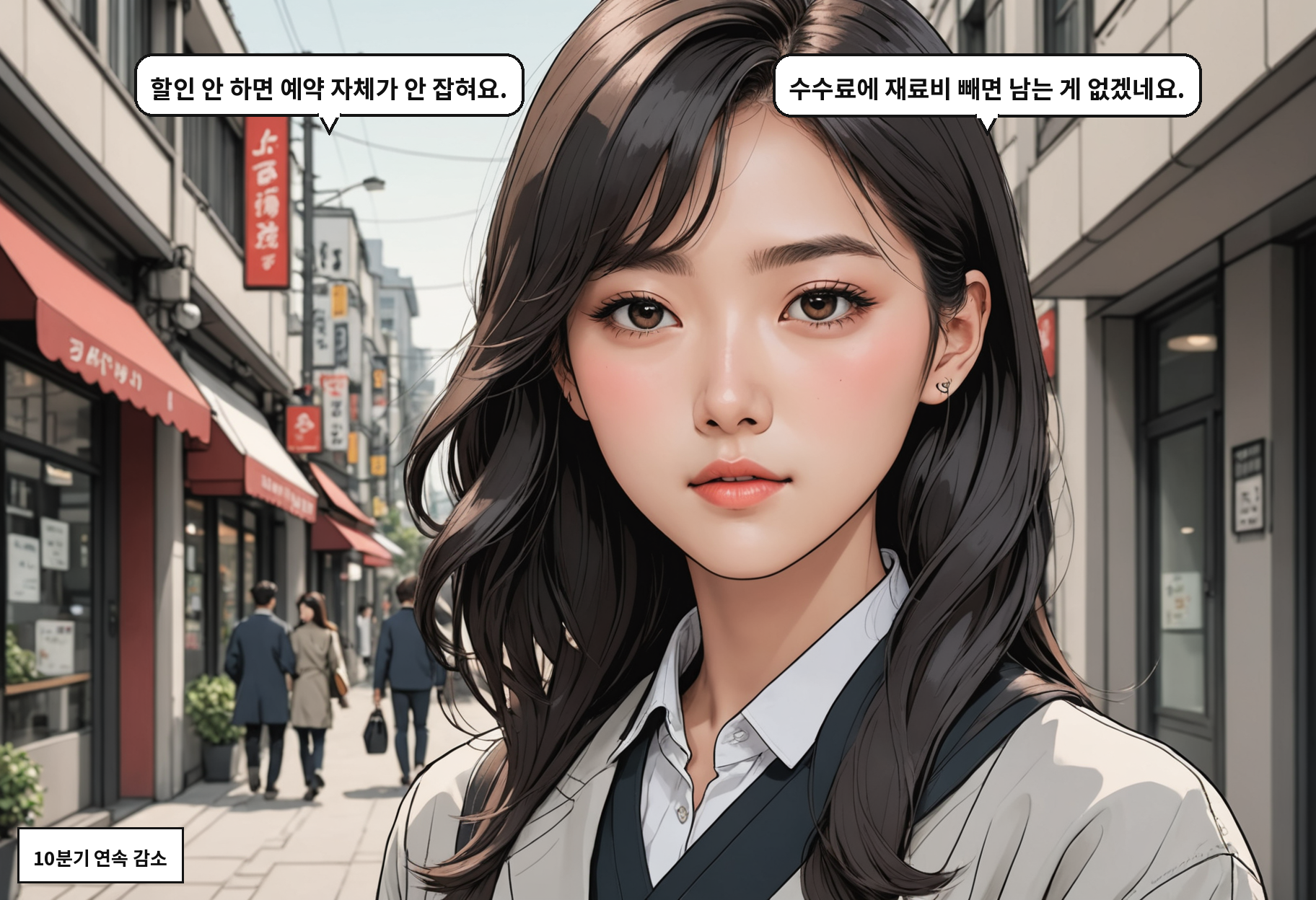 A: 할인 안 하면 예약 자체가 안 잡혀요. B: 수수료에 재료비 빼면 남는 게 없겠네요.
