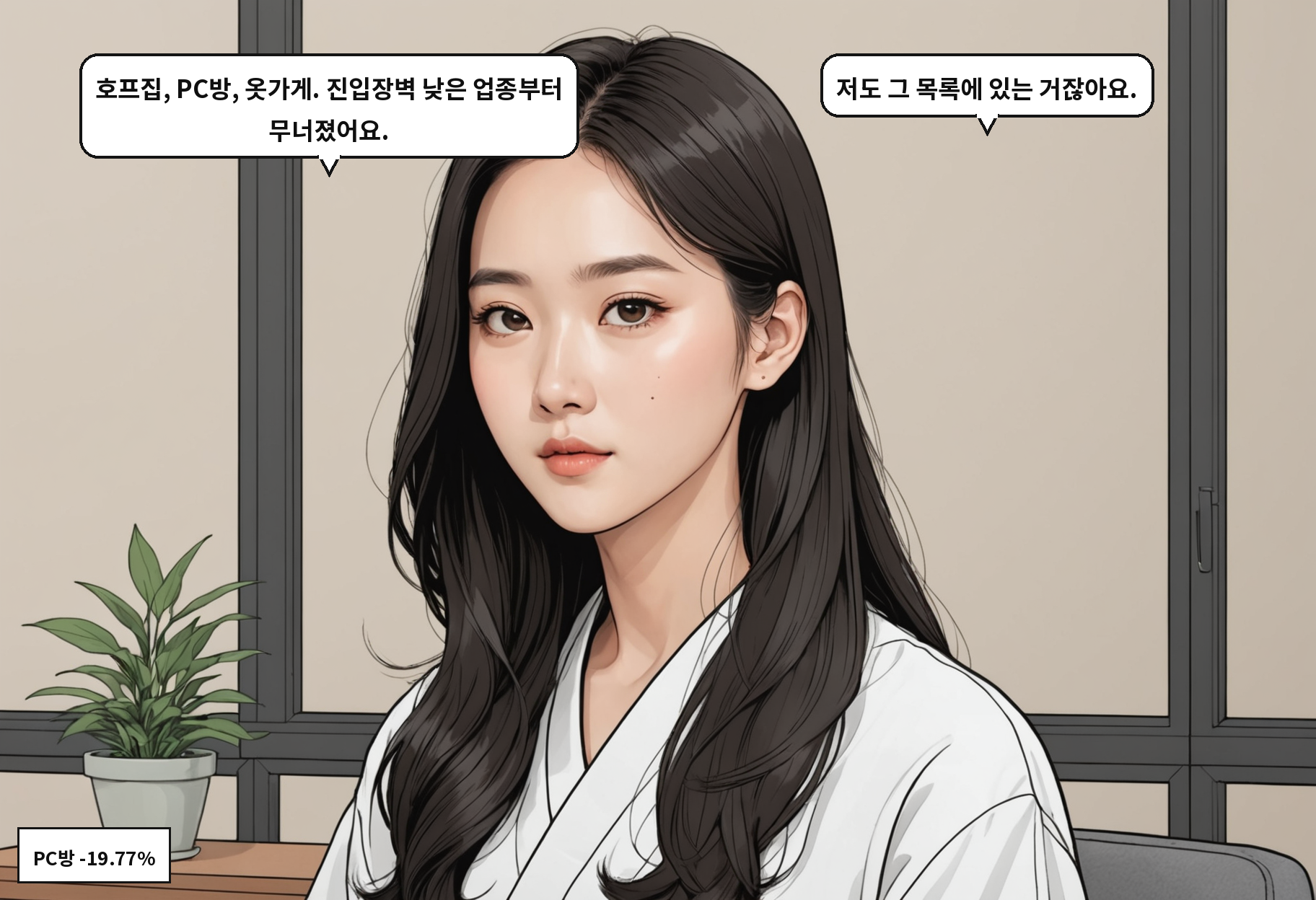 B: 호프집, PC방, 옷가게. 진입장벽 낮은 업종부터 무너졌어요. A: 저도 그 목록에 있는 거잖아요.