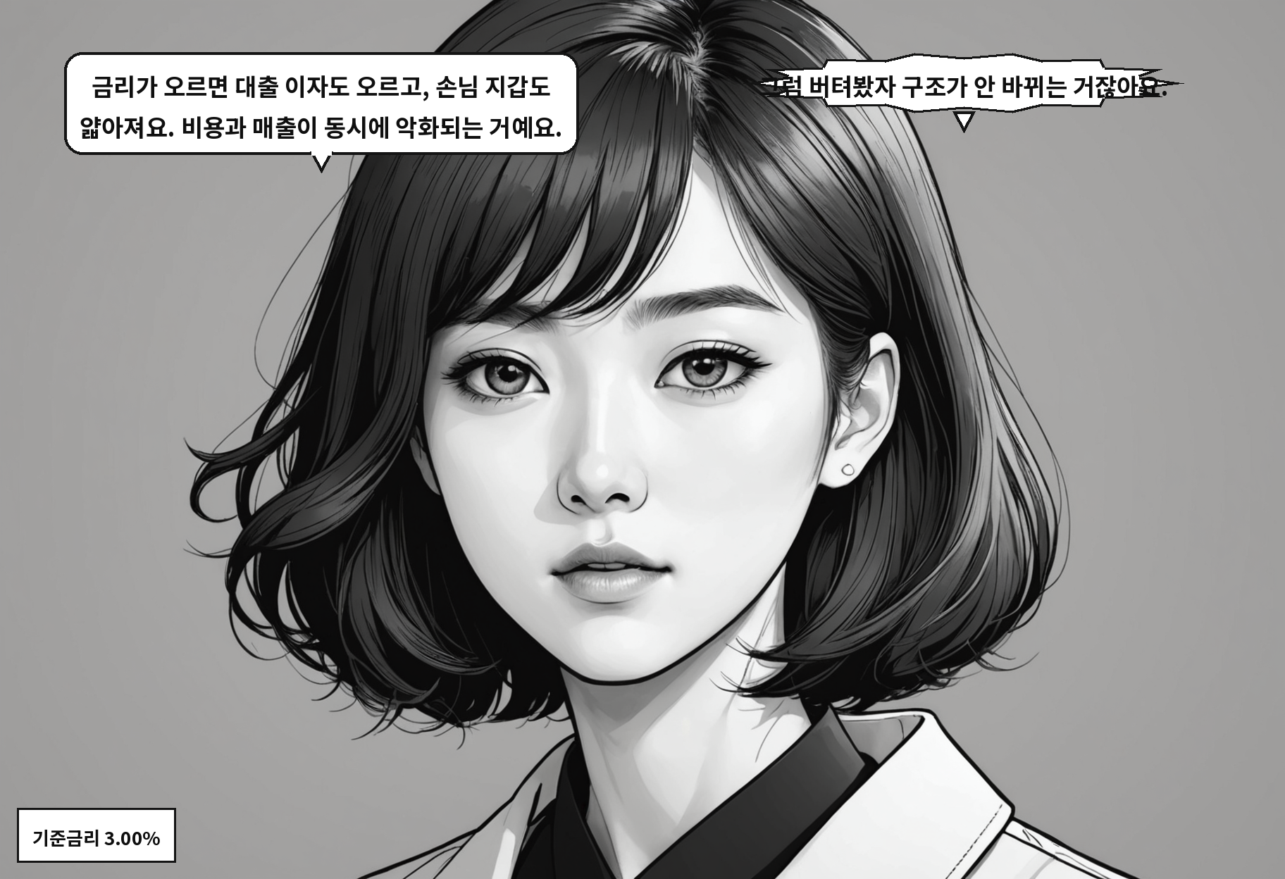 B: 금리가 오르면 대출 이자도 오르고, 손님 지갑도 얇아져요. 비용과 매출이 동시에 악화되는 거예요. A: 그럼 버텨봤자 구조가 안 바뀌는 거잖아요.