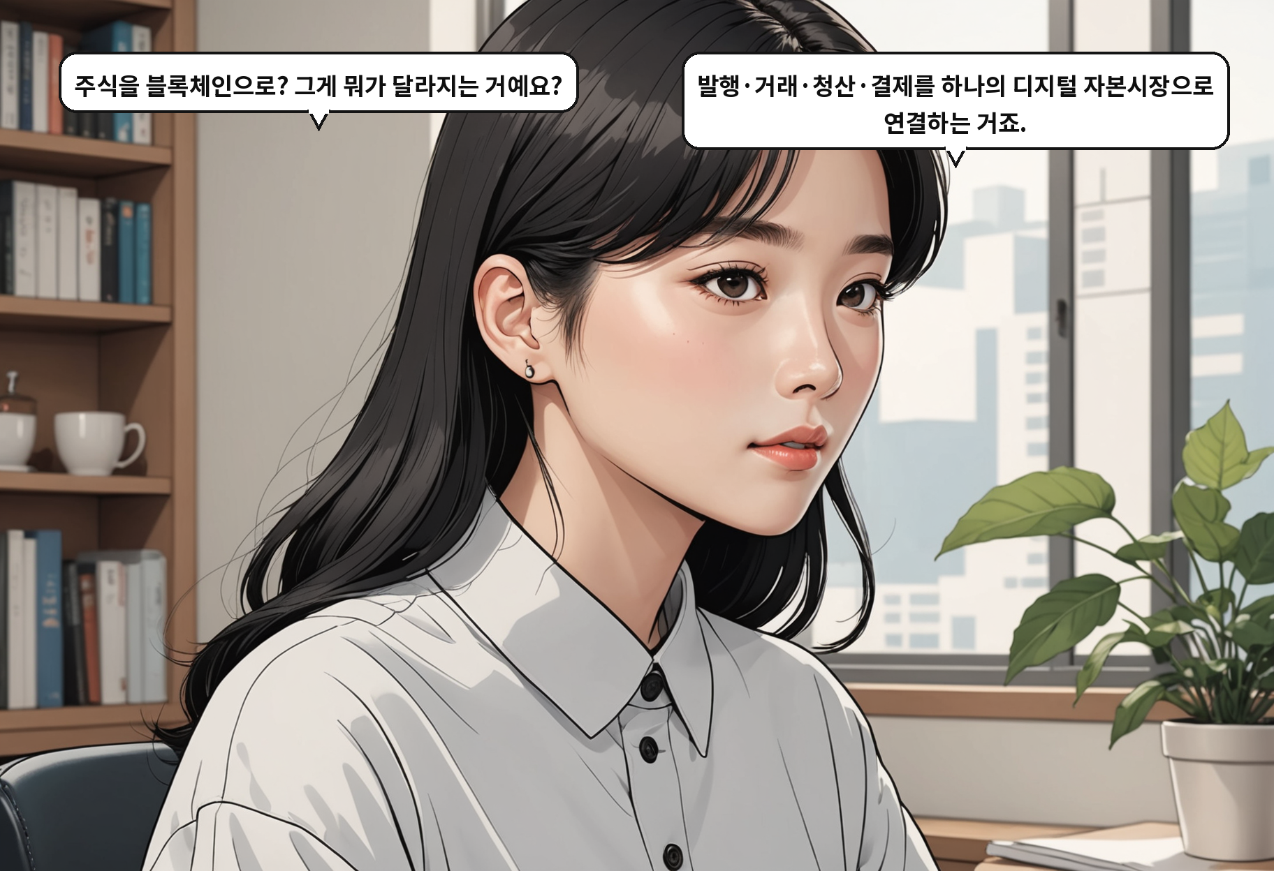 A: 주식을 블록체인으로? 그게 뭐가 달라지는 거예요? B: 발행·거래·청산·결제를 하나의 디지털 자본시장으로 연결하는 거죠.