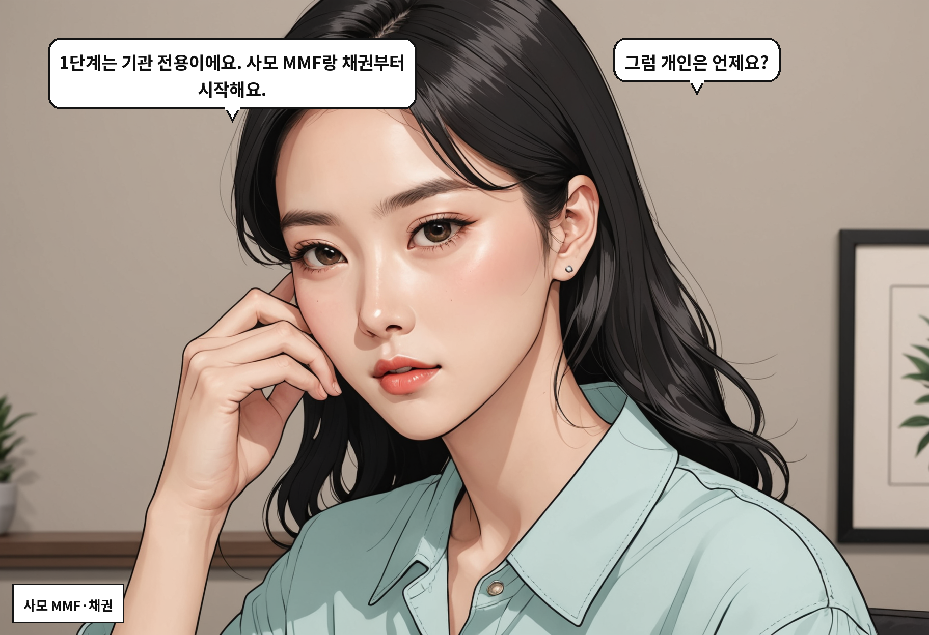 B: 1단계는 기관 전용이에요. 사모 MMF랑 채권부터 시작해요. A: 그럼 개인은 언제요?