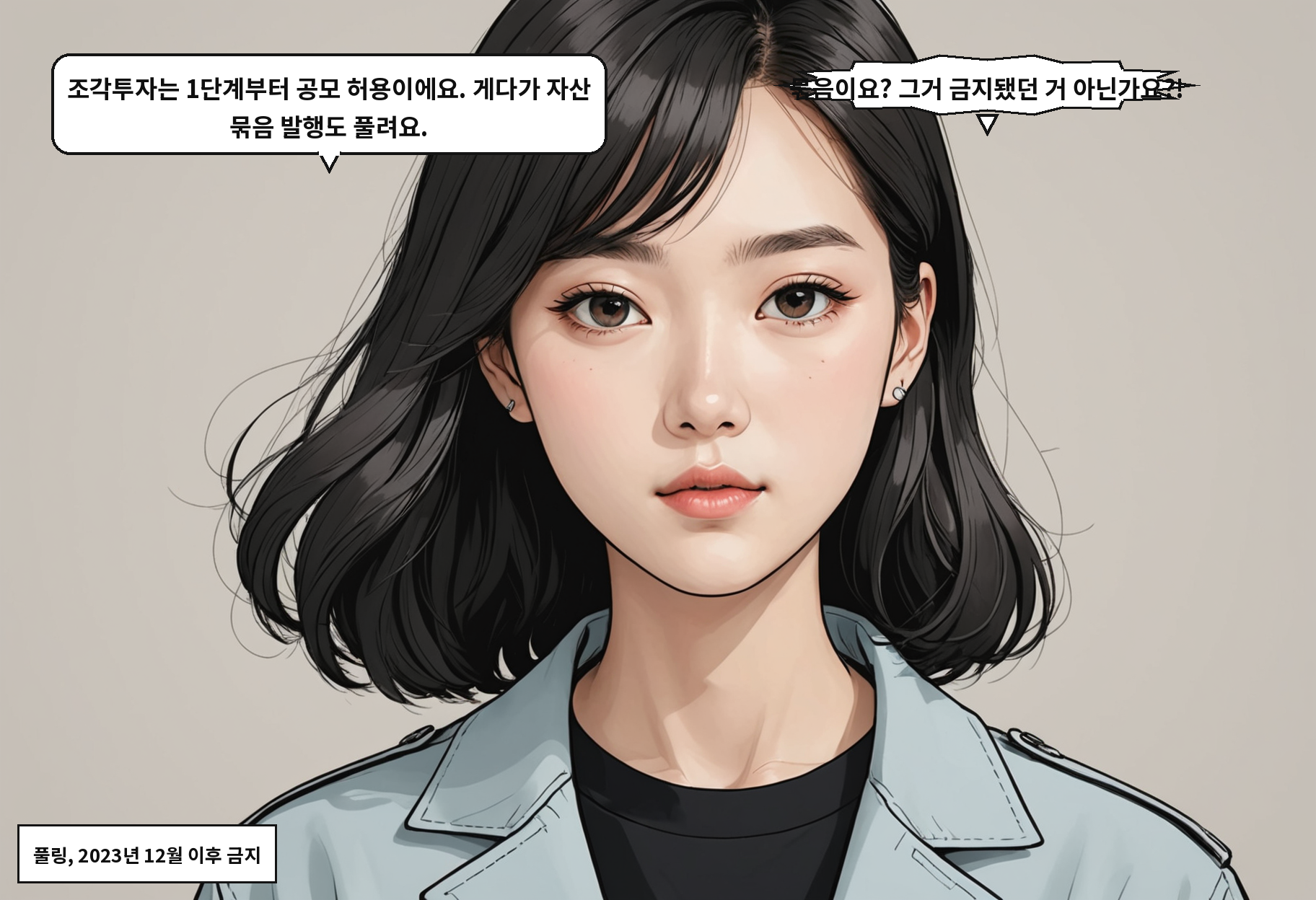 B: 조각투자는 1단계부터 공모 허용이에요. 게다가 자산 묶음 발행도 풀려요. A: 묶음이요? 그거 금지됐던 거 아닌가요?!