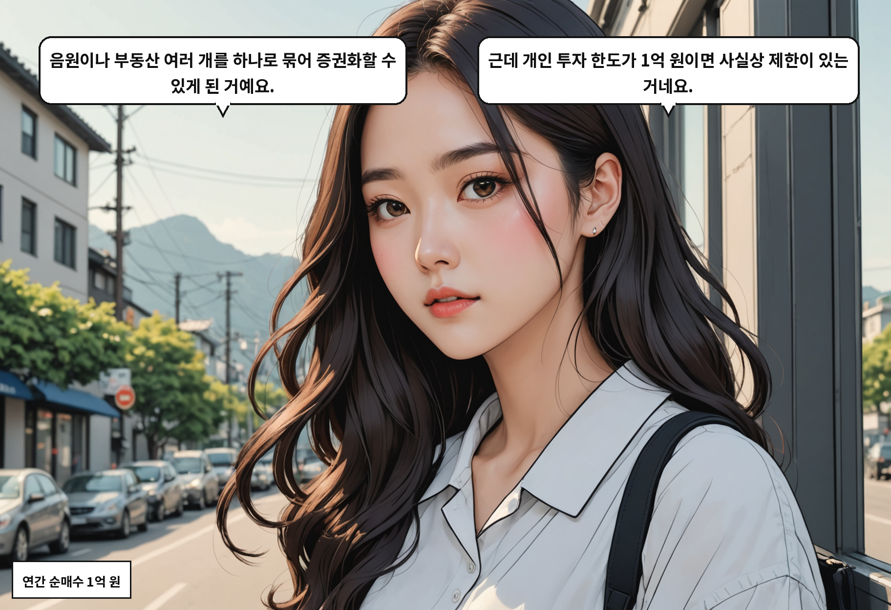 B: 음원이나 부동산 여러 개를 하나로 묶어 증권화할 수 있게 된 거예요. A: 근데 개인 투자 한도가 1억 원이면 사실상 제한이 있는 거네요.