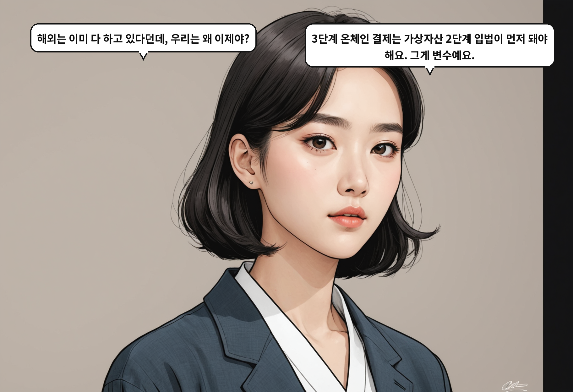 A: 해외는 이미 다 하고 있다던데, 우리는 왜 이제야? B: 3단계 온체인 결제는 가상자산 2단계 입법이 먼저 돼야 해요. 그게 변수예요.