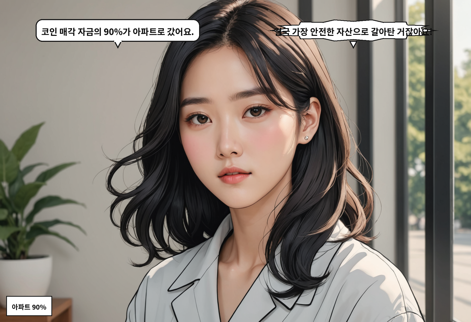 A: 코인 매각 자금의 90%가 아파트로 갔어요. B: 결국 가장 안전한 자산으로 갈아탄 거잖아요!