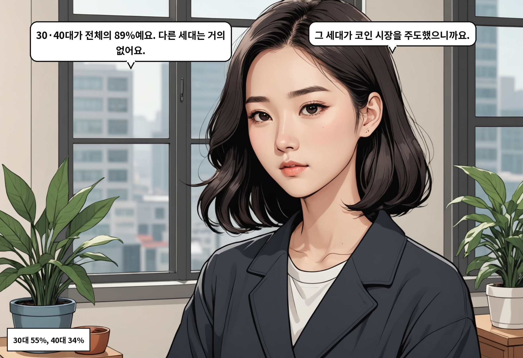 A: 30·40대가 전체의 89%예요. 다른 세대는 거의 없어요. B: 그 세대가 코인 시장을 주도했으니까요.