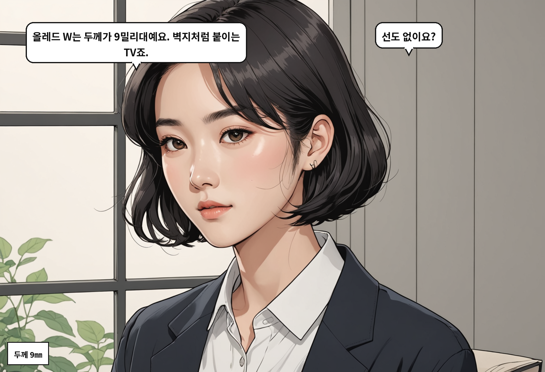 B: 올레드 W는 두께가 9밀리대예요. 벽지처럼 붙이는 TV죠. A: 선도 없이요?