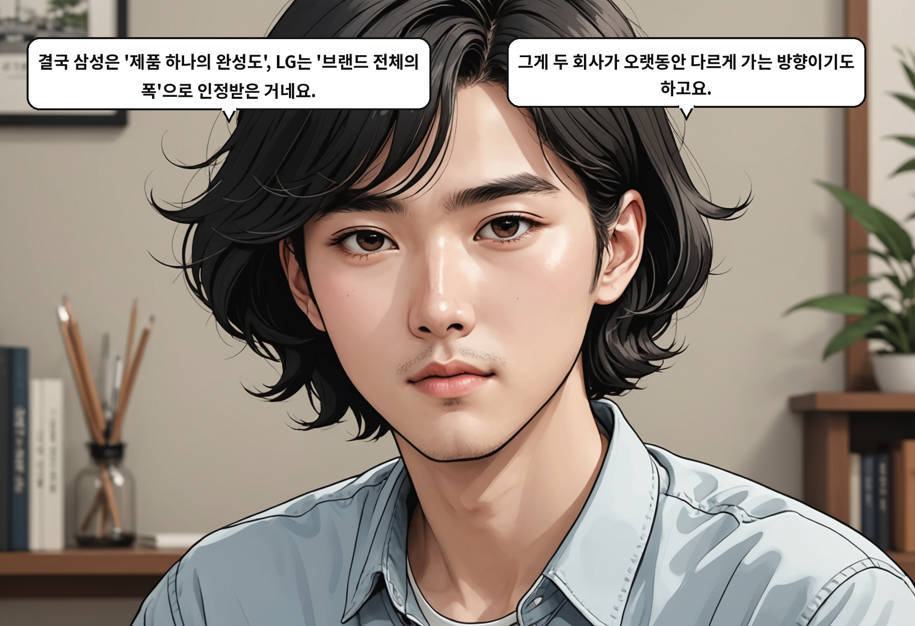 A: 결국 삼성은 '제품 하나의 완성도', LG는 '브랜드 전체의 폭'으로 인정받은 거네요. B: 그게 두 회사가 오랫동안 다르게 가는 방향이기도 하고요.
