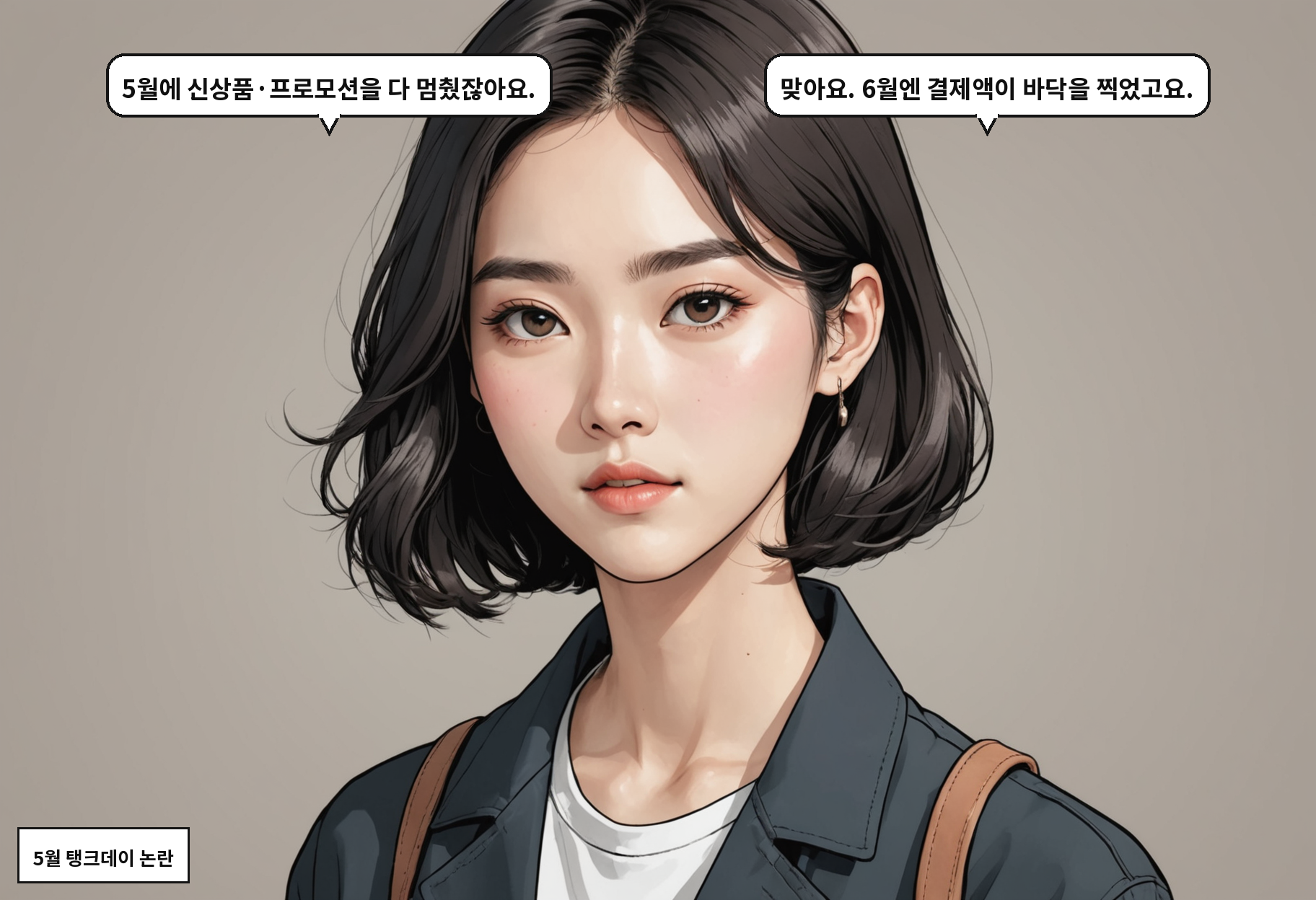 A: 5월에 신상품·프로모션을 다 멈췄잖아요. B: 맞아요. 6월엔 결제액이 바닥을 찍었고요.