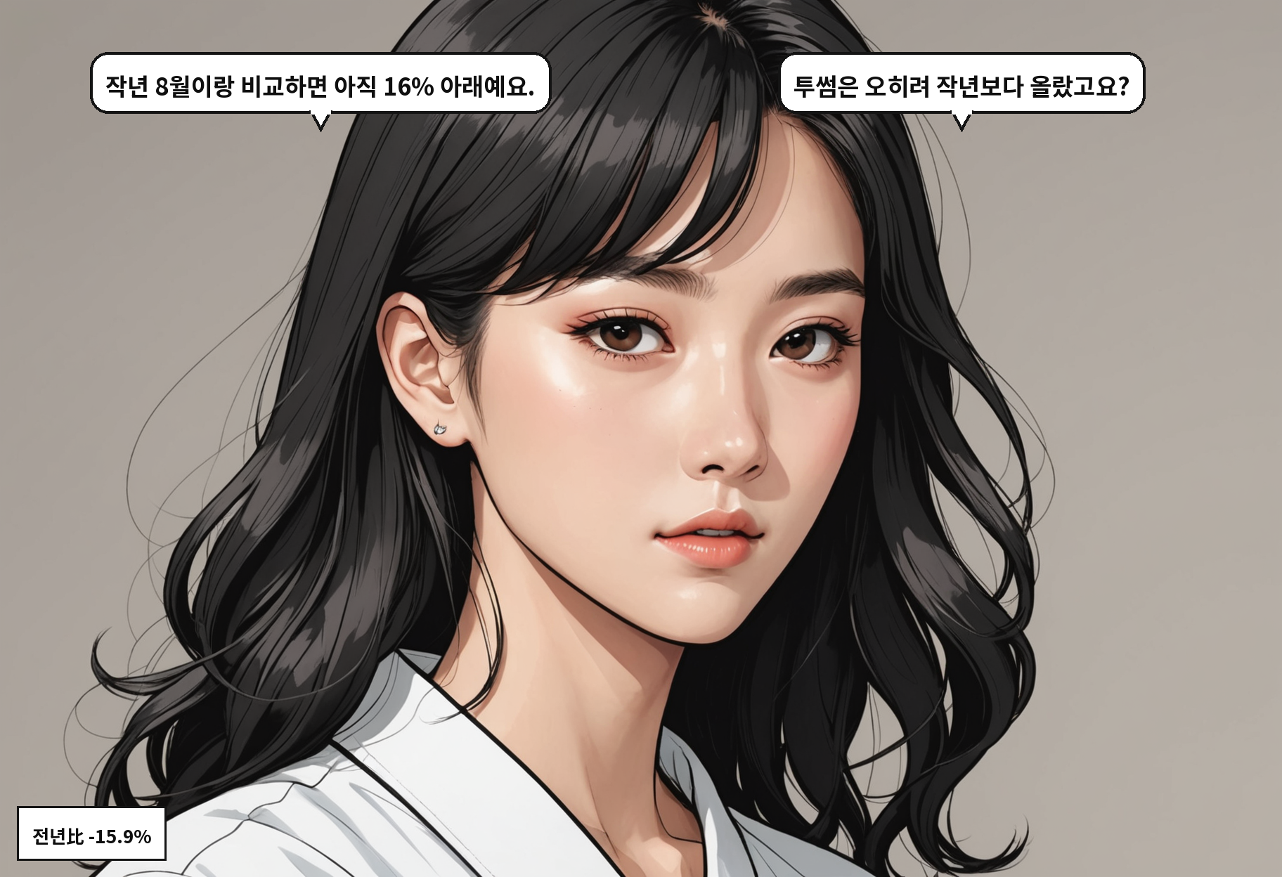 B: 작년 8월이랑 비교하면 아직 16% 아래예요. A: 투썸은 오히려 작년보다 올랐고요?