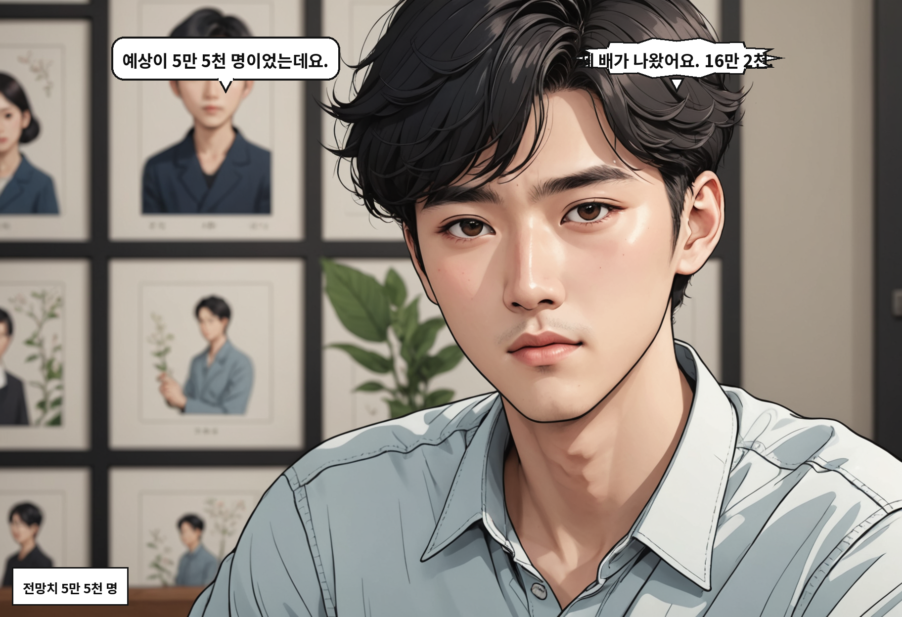 A: 예상이 5만 5천 명이었는데요. B: 세 배가 나왔어요. 16만 2천.