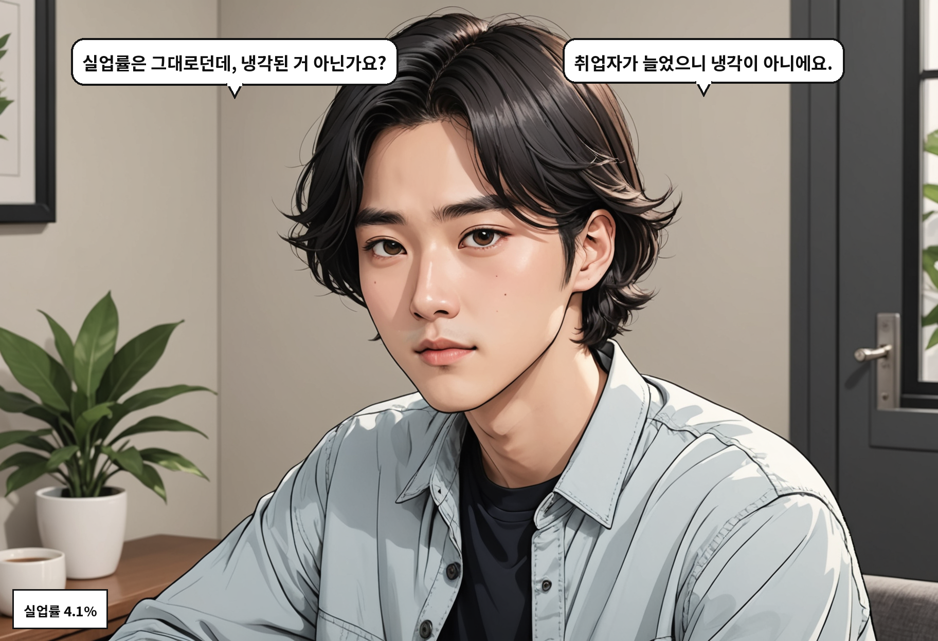 A: 실업률은 그대로던데, 냉각된 거 아닌가요? B: 취업자가 늘었으니 냉각이 아니에요.