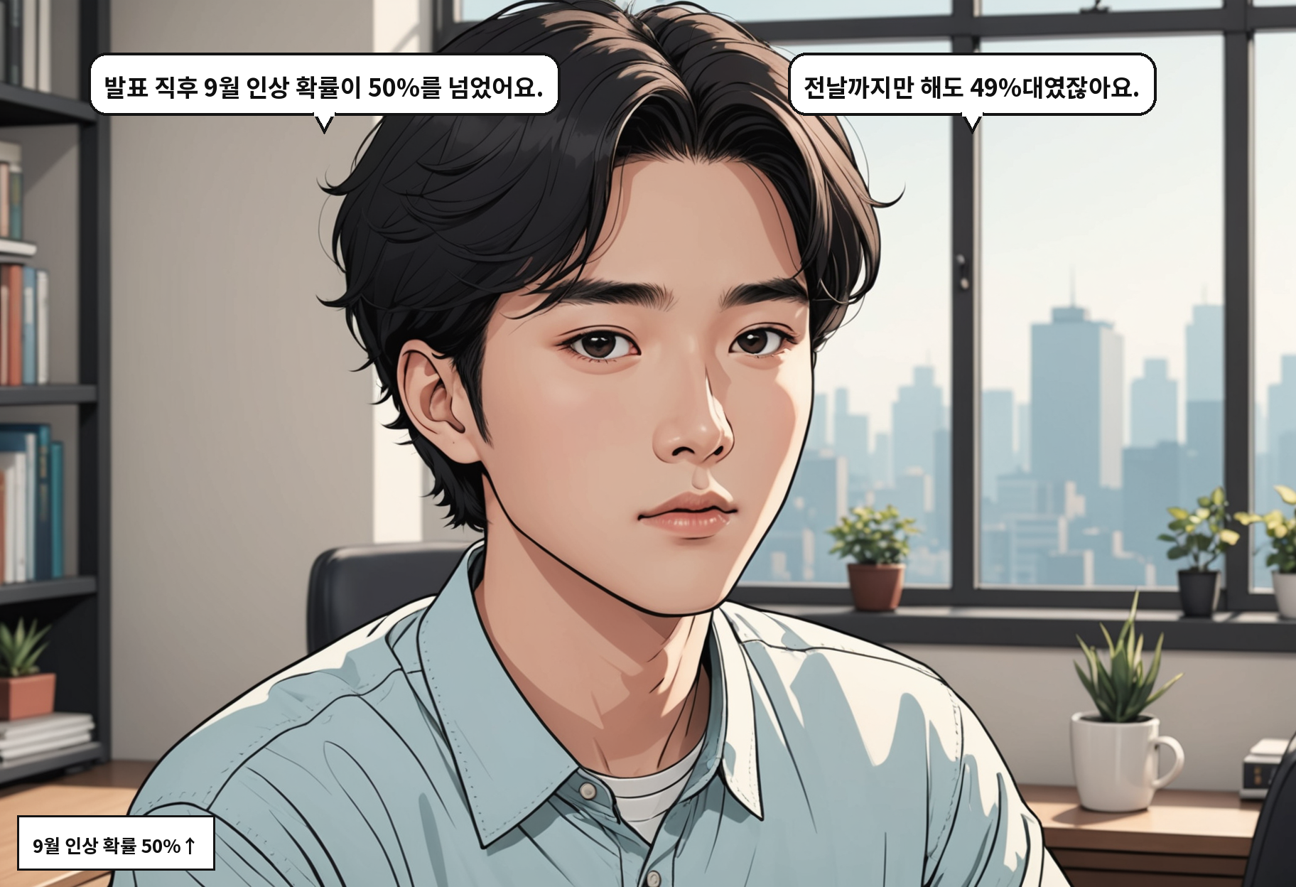 B: 발표 직후 9월 인상 확률이 50%를 넘었어요. A: 전날까지만 해도 49%대였잖아요.