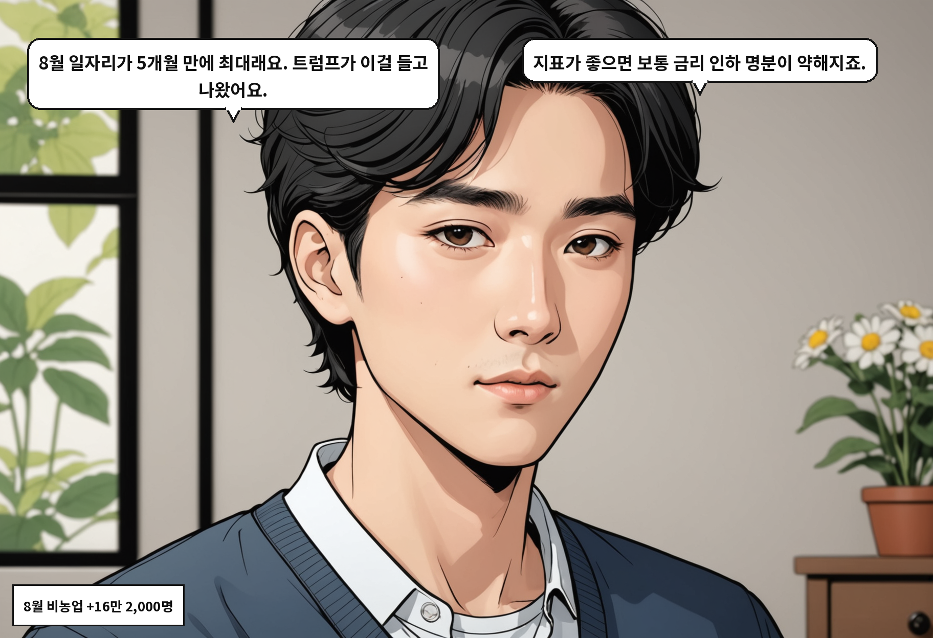 A: 8월 일자리가 5개월 만에 최대래요. 트럼프가 이걸 들고 나왔어요. B: 지표가 좋으면 보통 금리 인하 명분이 약해지죠.