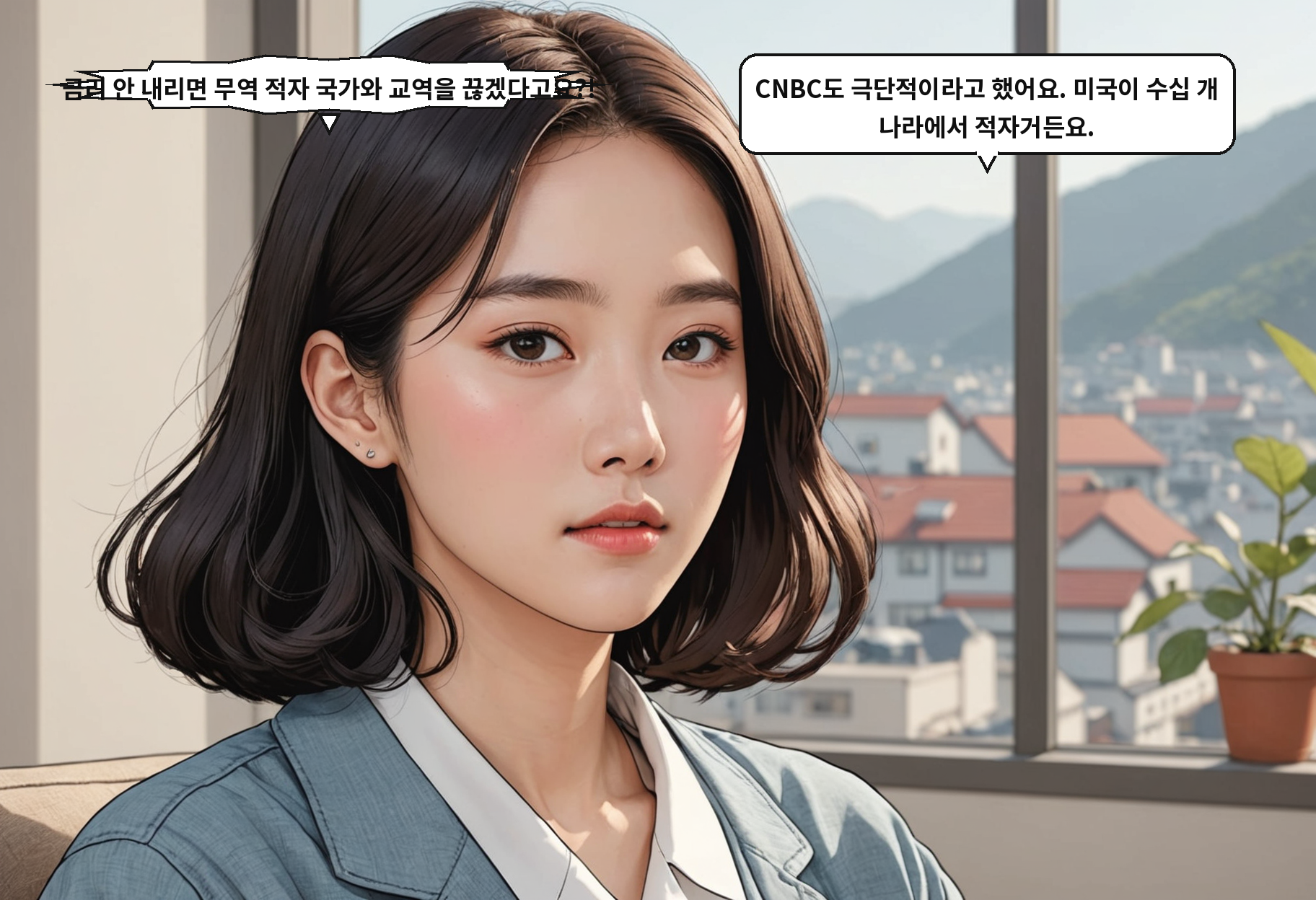 A: 금리 안 내리면 무역 적자 국가와 교역을 끊겠다고요?! B: CNBC도 극단적이라고 했어요. 미국이 수십 개 나라에서 적자거든요.