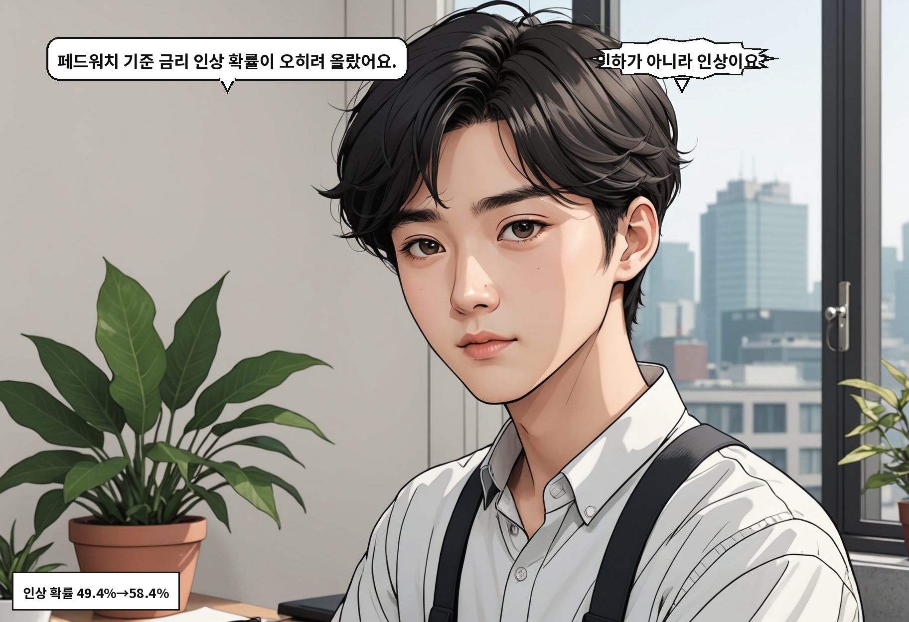 B: 페드워치 기준 금리 인상 확률이 오히려 올랐어요. A: 인하가 아니라 인상이요?