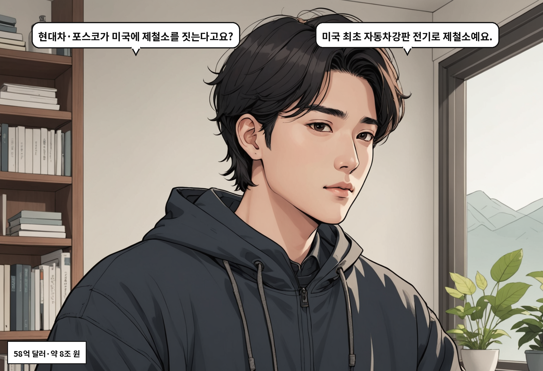 A: 현대차·포스코가 미국에 제철소를 짓는다고요? B: 미국 최초 자동차강판 전기로 제철소예요.
