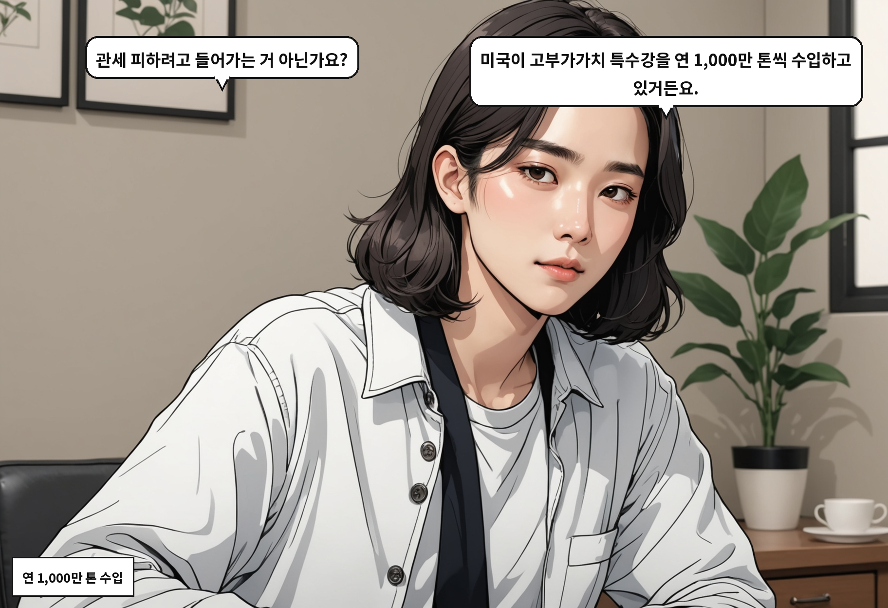 A: 관세 피하려고 들어가는 거 아닌가요? B: 미국이 고부가가치 특수강을 연 1,000만 톤씩 수입하고 있거든요.