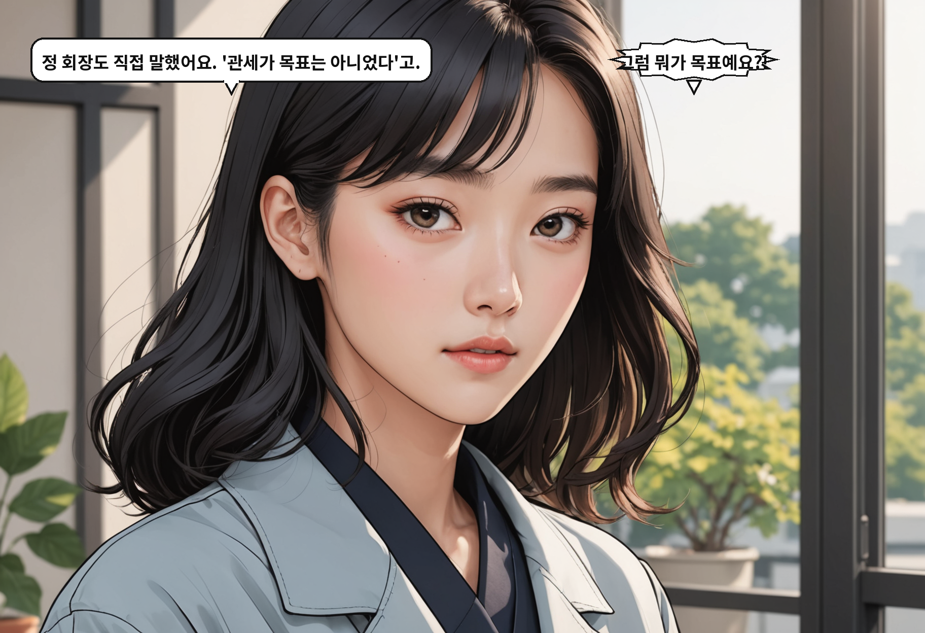 B: 정 회장도 직접 말했어요. '관세가 목표는 아니었다'고. A: 그럼 뭐가 목표예요?!