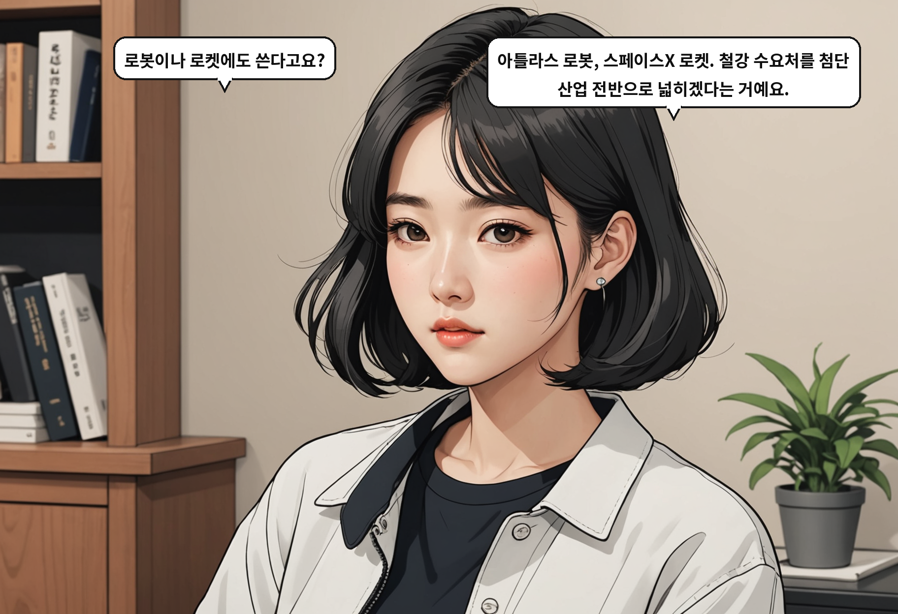 A: 로봇이나 로켓에도 쓴다고요? B: 아틀라스 로봇, 스페이스X 로켓. 철강 수요처를 첨단 산업 전반으로 넓히겠다는 거예요.