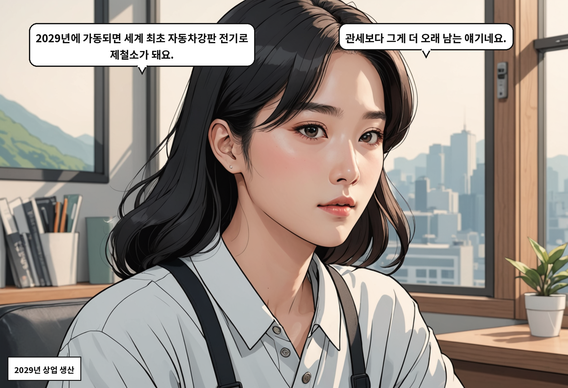 B: 2029년에 가동되면 세계 최초 자동차강판 전기로 제철소가 돼요. A: 관세보다 그게 더 오래 남는 얘기네요.