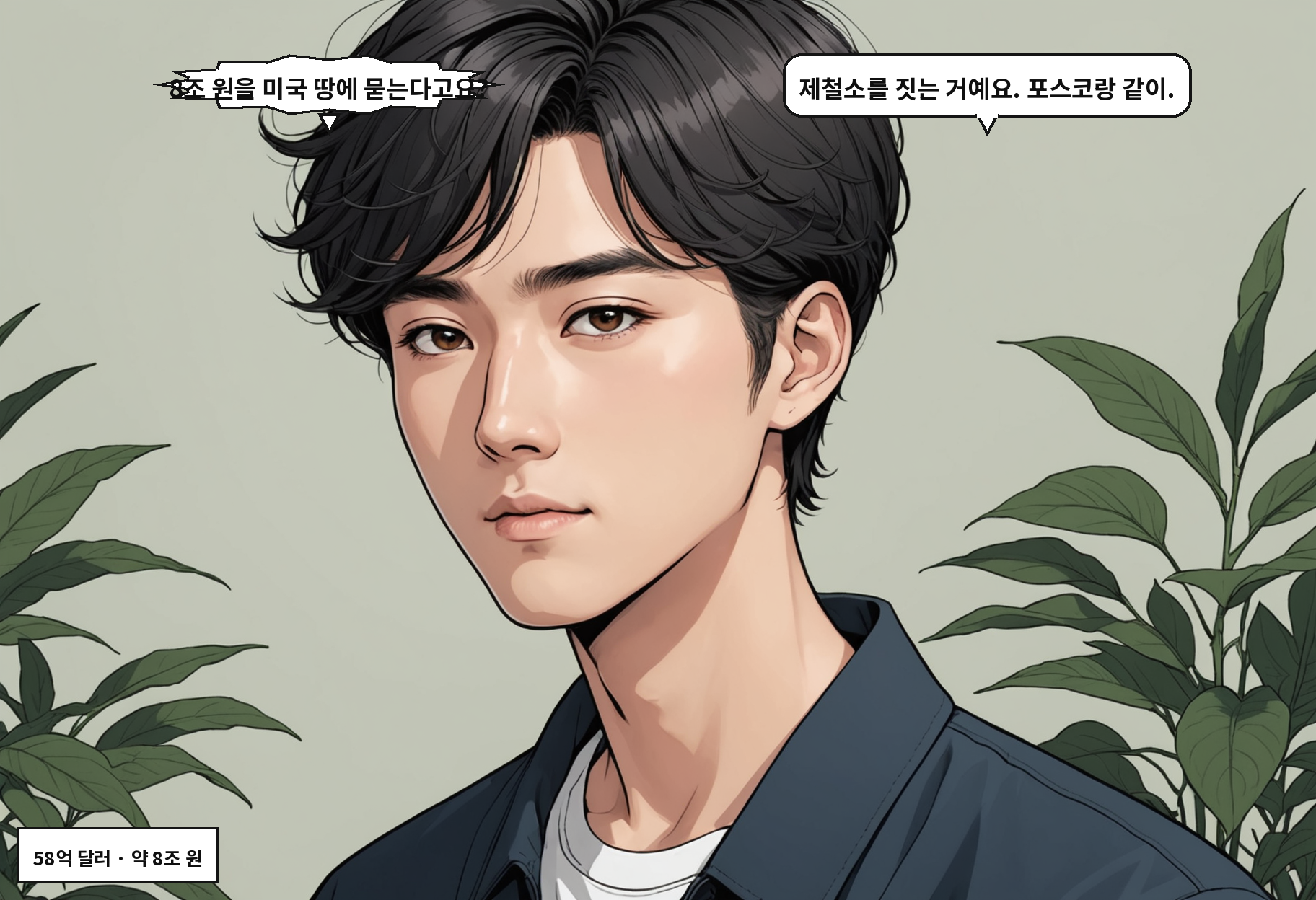 A: 8조 원을 미국 땅에 묻는다고요? B: 제철소를 짓는 거예요. 포스코랑 같이.