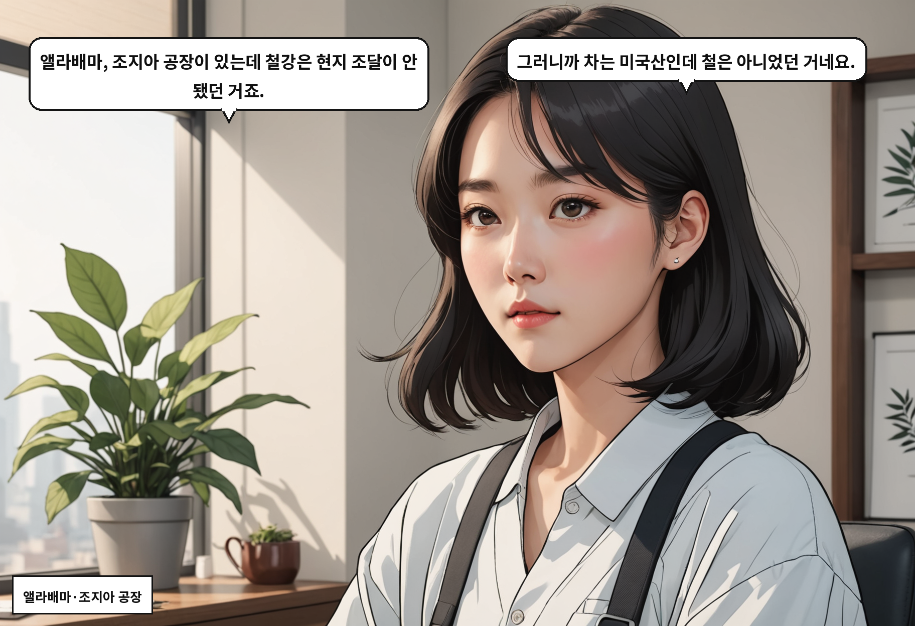B: 앨라배마, 조지아 공장이 있는데 철강은 현지 조달이 안 됐던 거죠. A: 그러니까 차는 미국산인데 철은 아니었던 거네요.