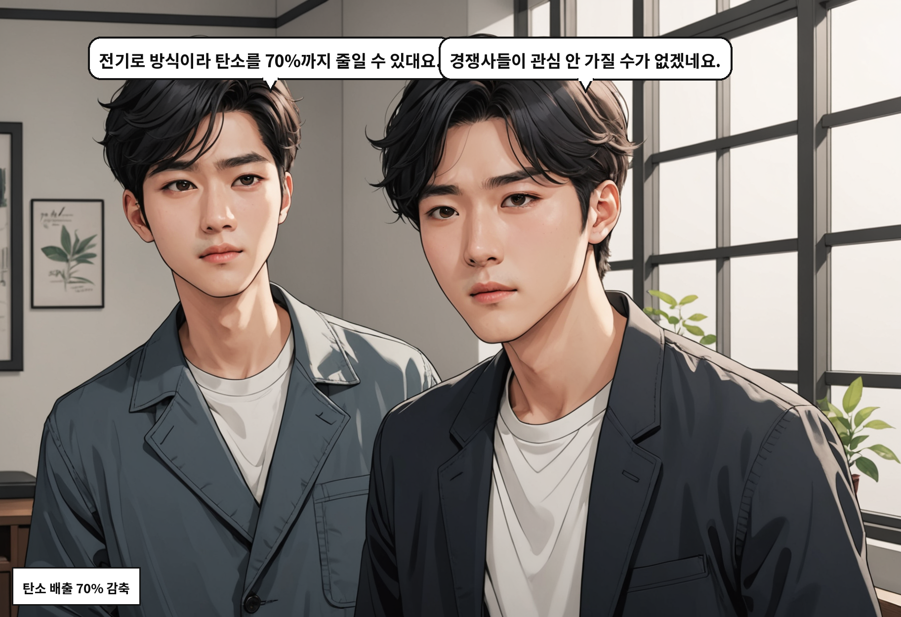 B: 전기로 방식이라 탄소를 70%까지 줄일 수 있대요. A: 경쟁사들이 관심 안 가질 수가 없겠네요.