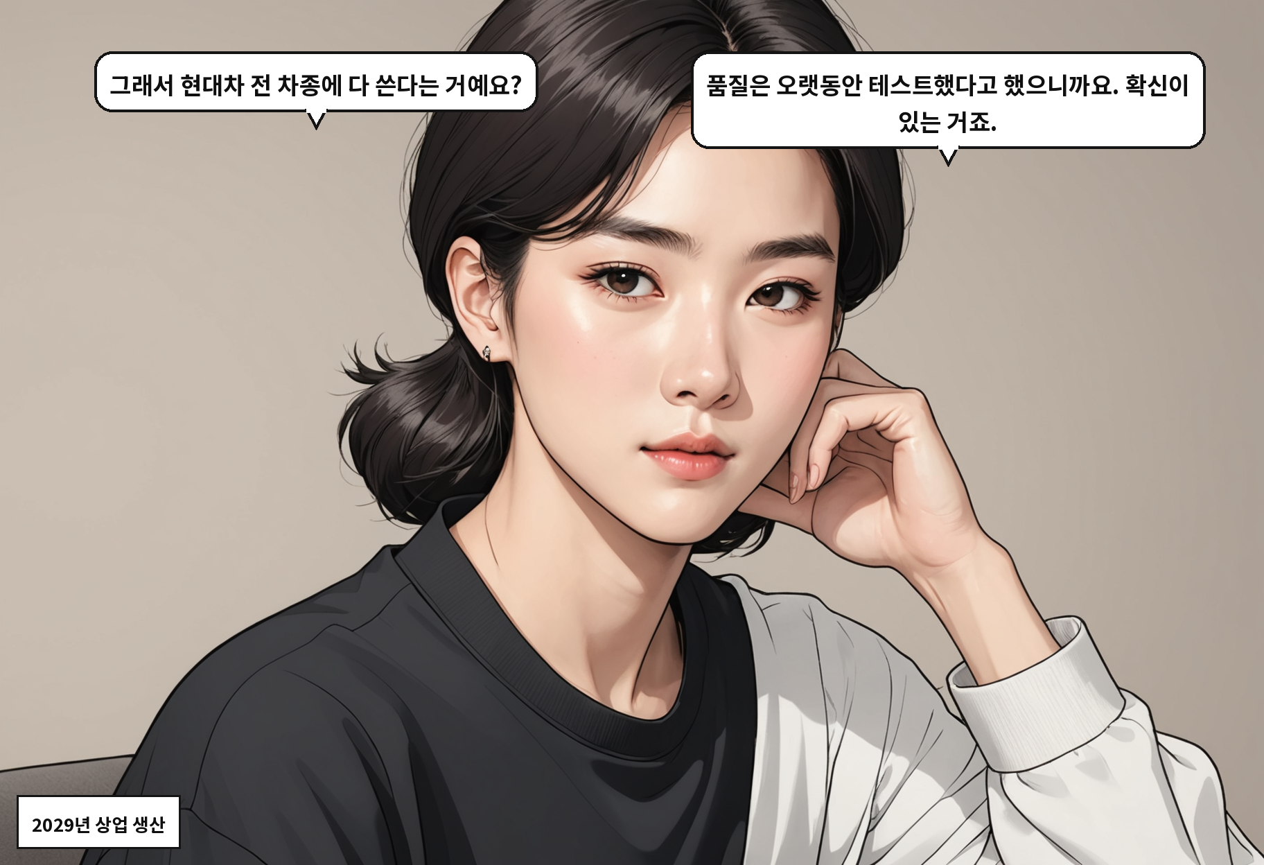 A: 그래서 현대차 전 차종에 다 쓴다는 거예요? B: 품질은 오랫동안 테스트했다고 했으니까요. 확신이 있는 거죠.