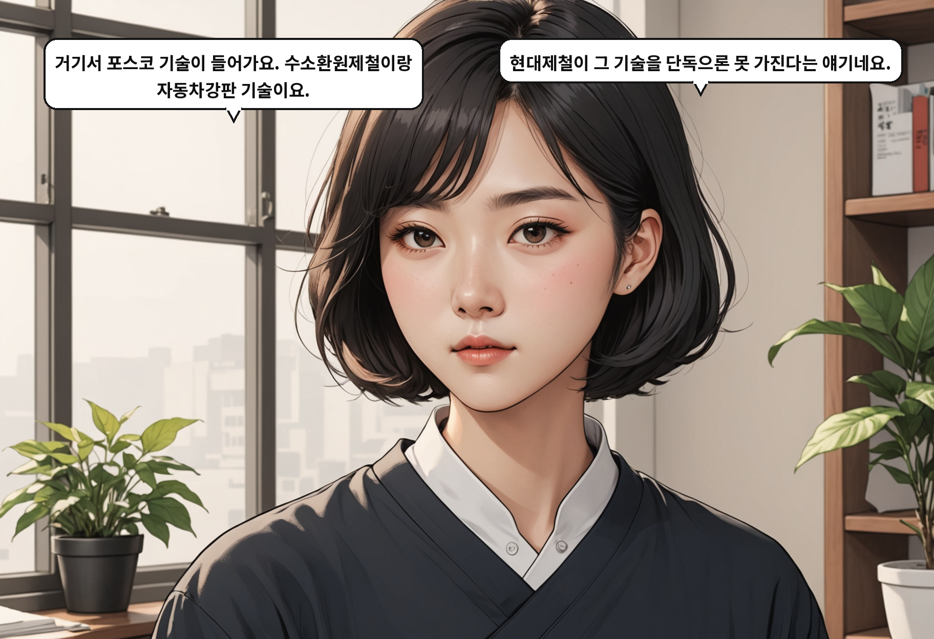B: 거기서 포스코 기술이 들어가요. 수소환원제철이랑 자동차강판 기술이요. A: 현대제철이 그 기술을 단독으론 못 가진다는 얘기네요.