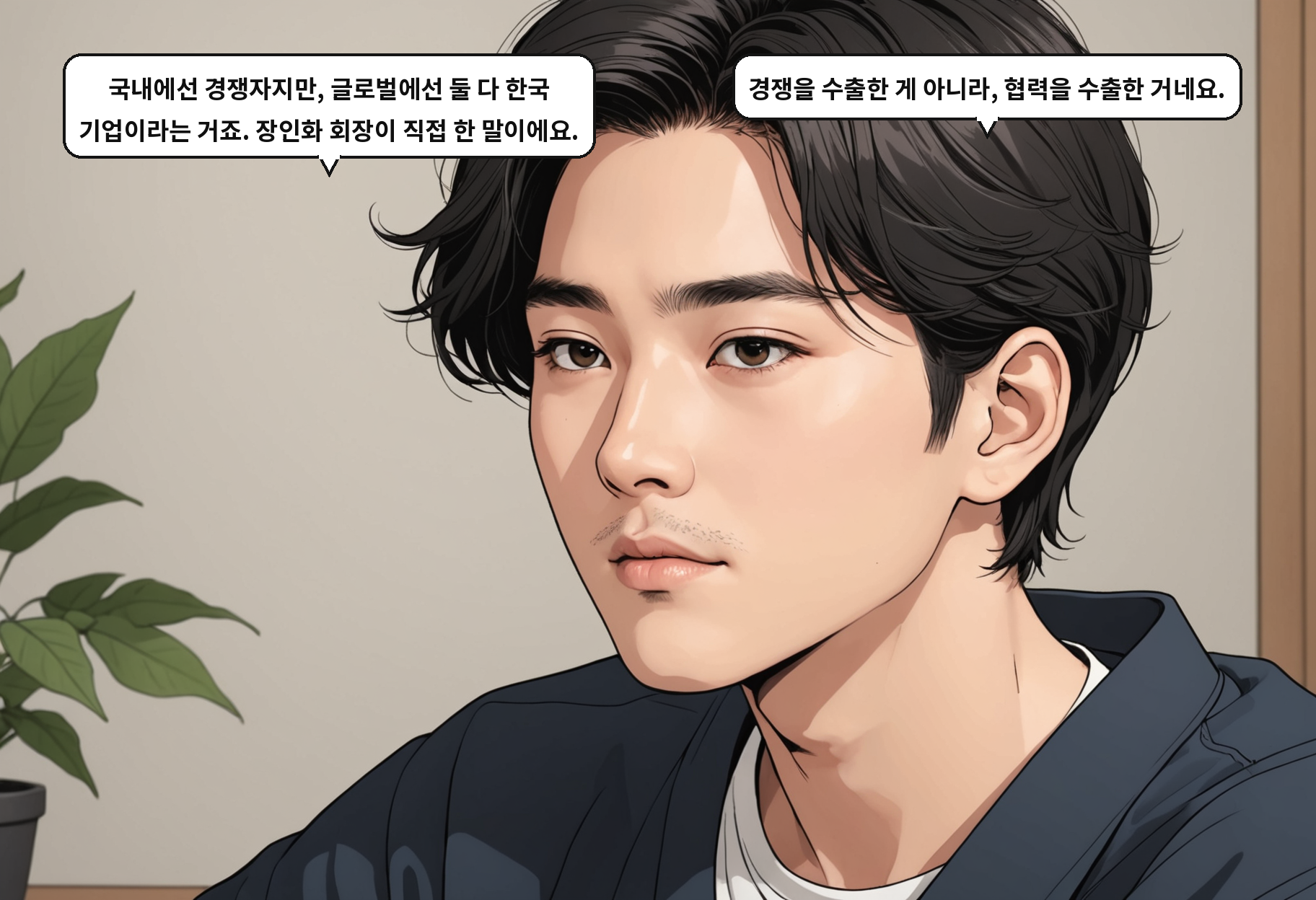 B: 국내에선 경쟁자지만, 글로벌에선 둘 다 한국 기업이라는 거죠. 장인화 회장이 직접 한 말이에요. A: 경쟁을 수출한 게 아니라, 협력을 수출한 거네요.