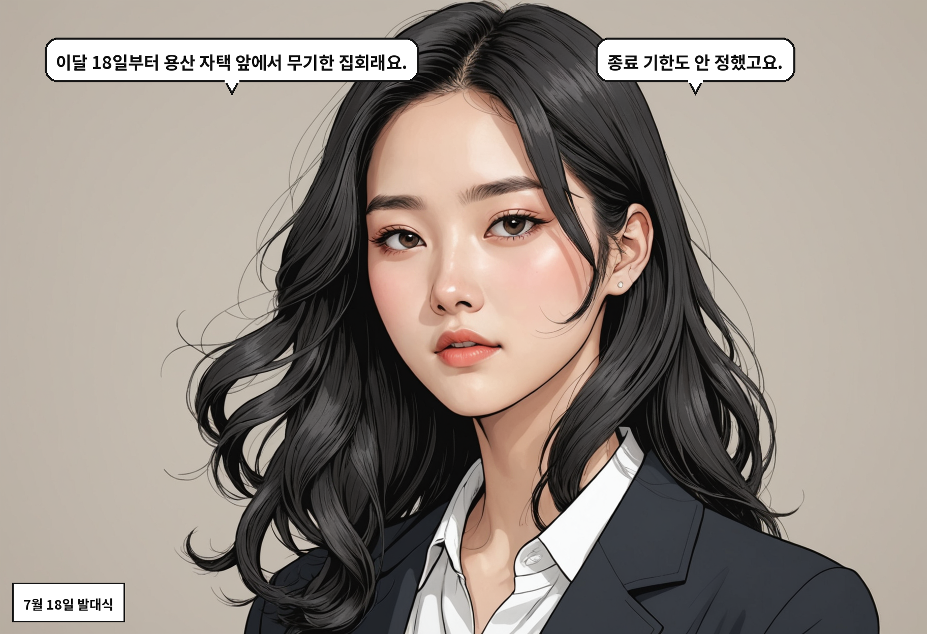 A: 이달 18일부터 용산 자택 앞에서 무기한 집회래요. B: 종료 기한도 안 정했고요.