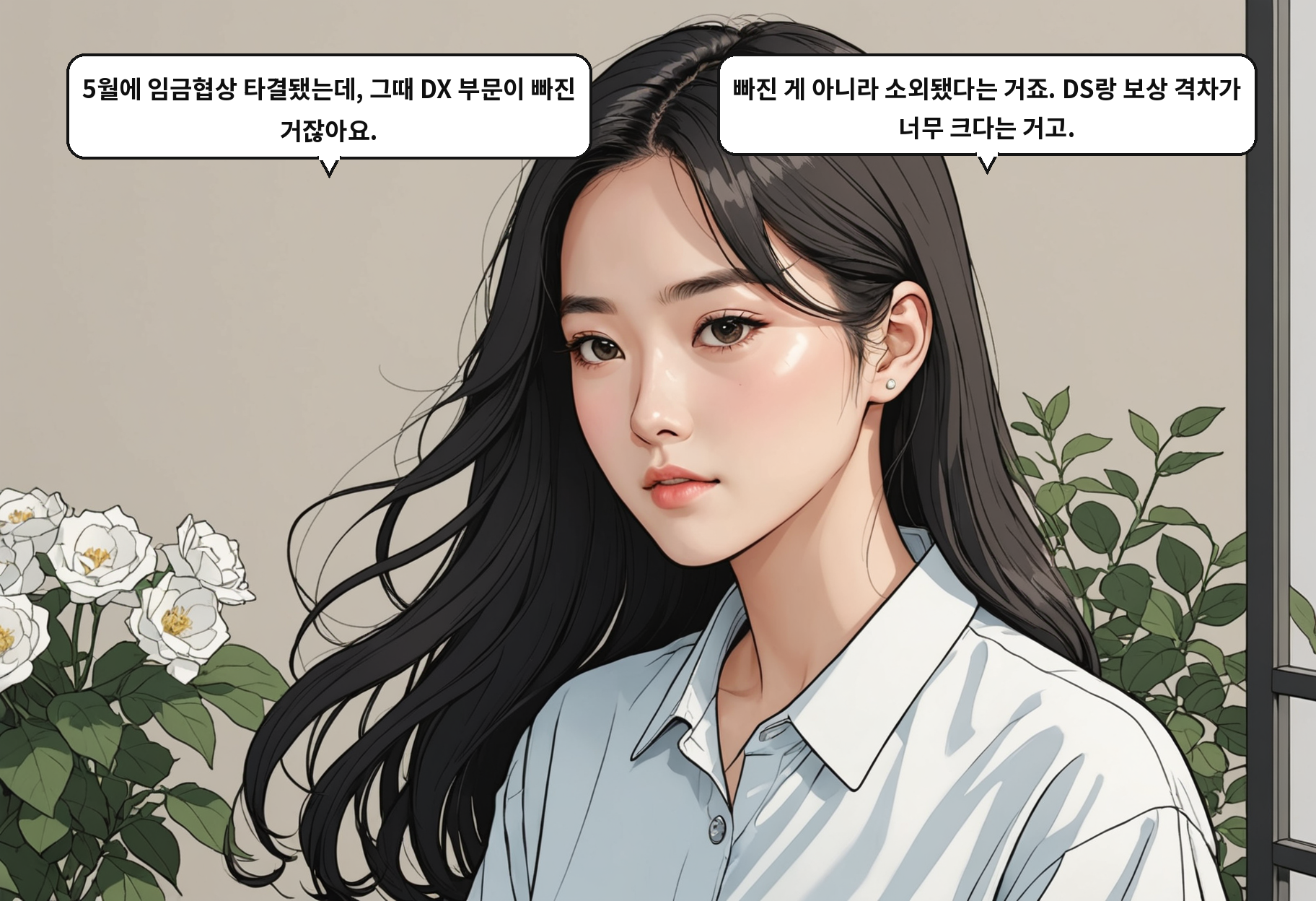 A: 5월에 임금협상 타결됐는데, 그때 DX 부문이 빠진 거잖아요. B: 빠진 게 아니라 소외됐다는 거죠. DS랑 보상 격차가 너무 크다는 거고.