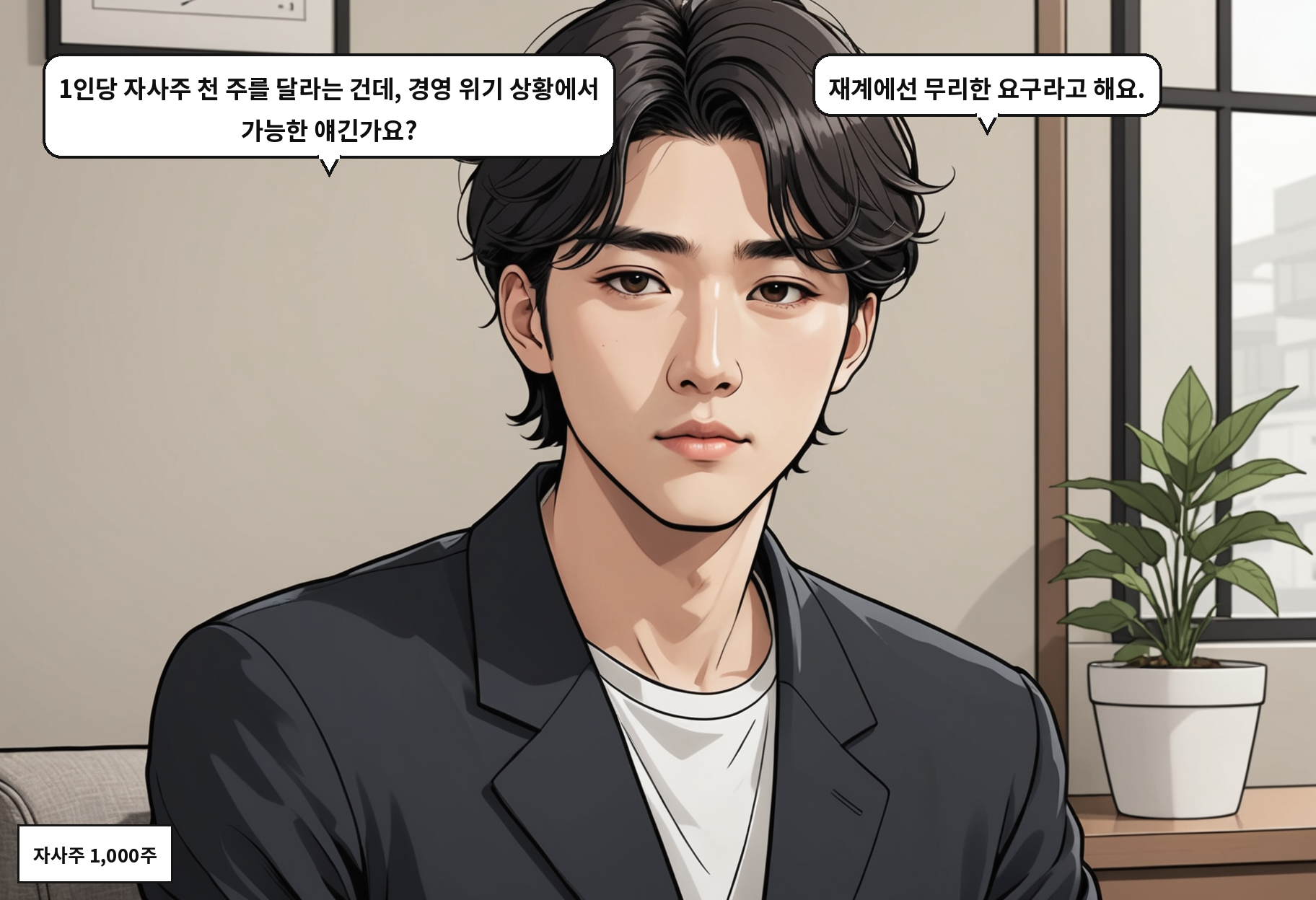 A: 1인당 자사주 천 주를 달라는 건데, 경영 위기 상황에서 가능한 얘긴가요? B: 재계에선 무리한 요구라고 해요.